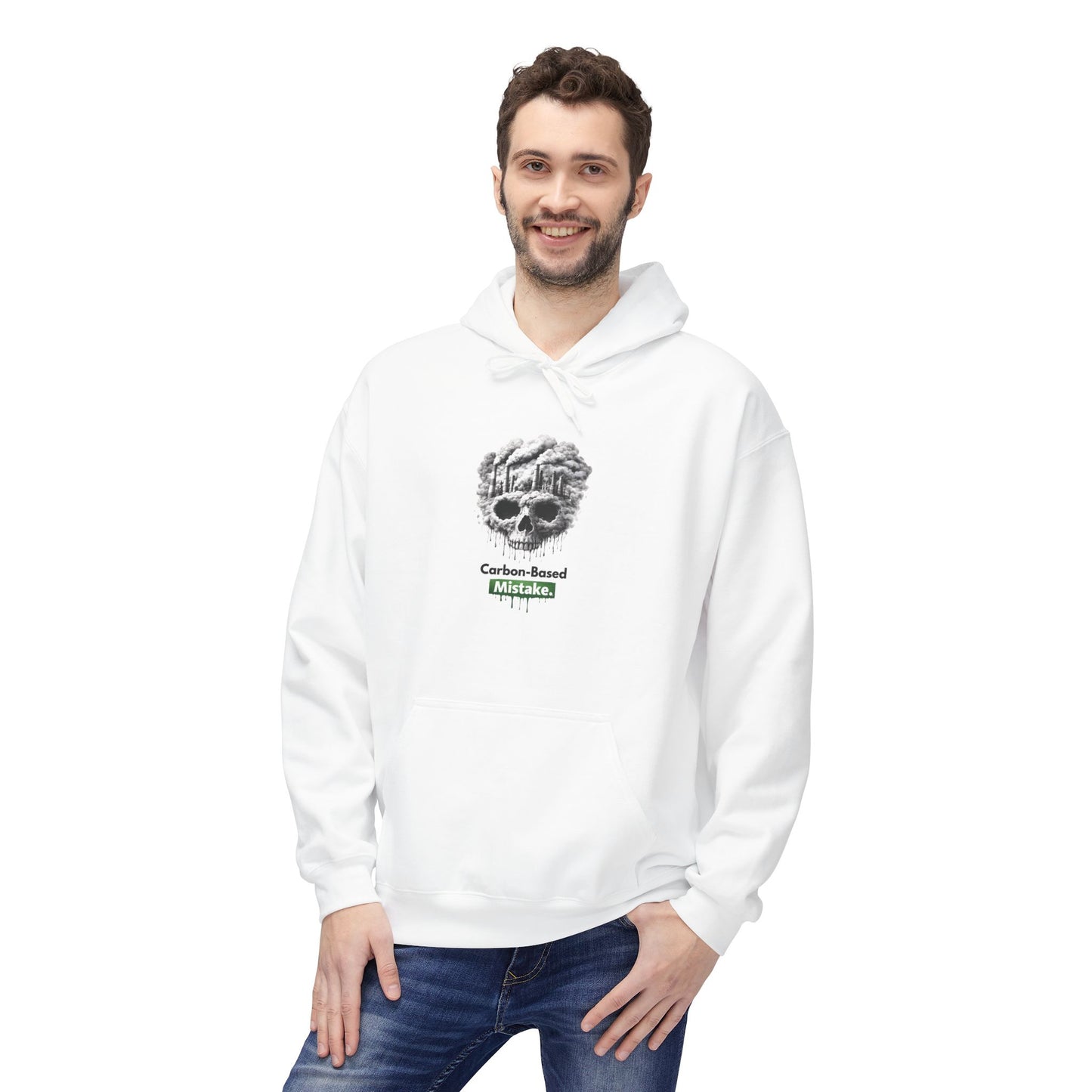 Unisex Hoodie — “Carbon-Based Mistake” Graphic Pullover, Gift for Earth Day, Sarcastic Hoodie
