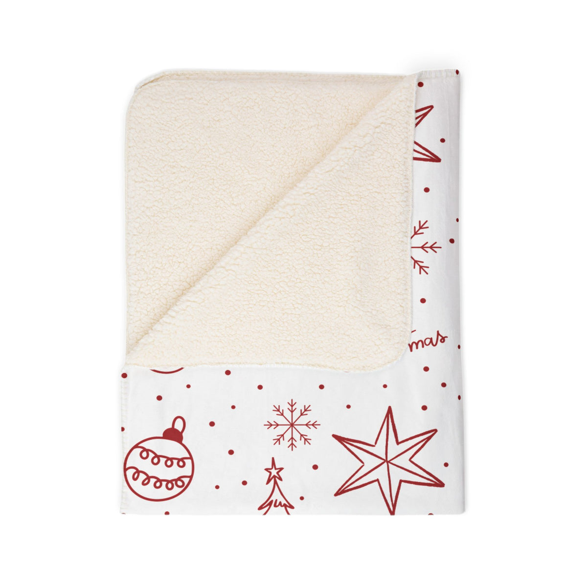 Christmas Fleece Sherpa Blanket - Red Doodle Trees, Reindeer & "Merry Christmas" Pattern