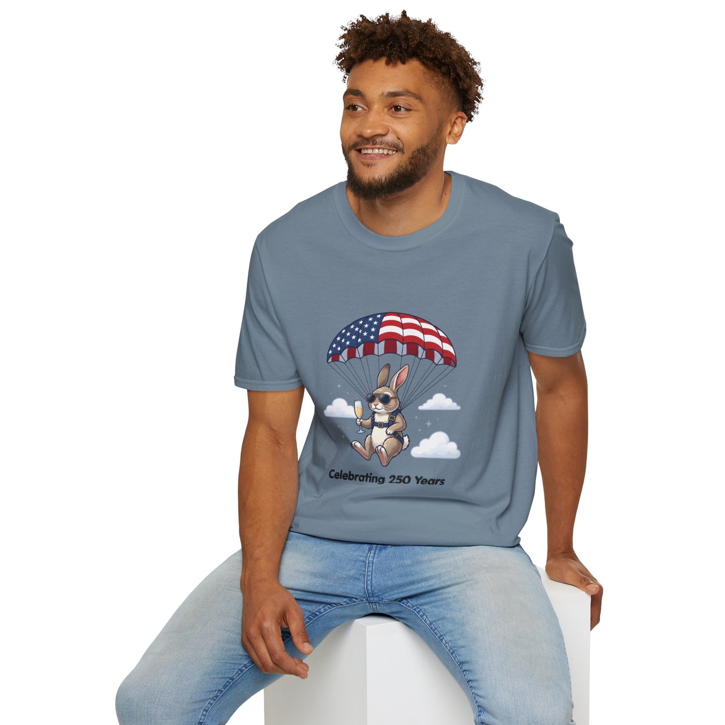 Patriotic Parachuting Bunny T-Shirt — "Celebrating 250 Years"
