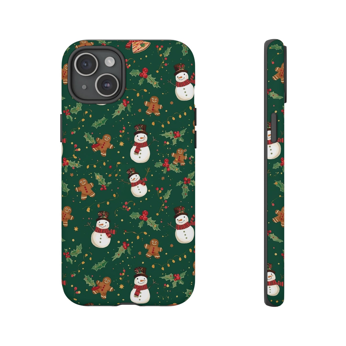 Christmas Phone Case with Snowmen and Gingerbread Design, Dual Layer Phone Case for Iphone 17, 16, 15, 14, 13, 12, 11 & Samsung