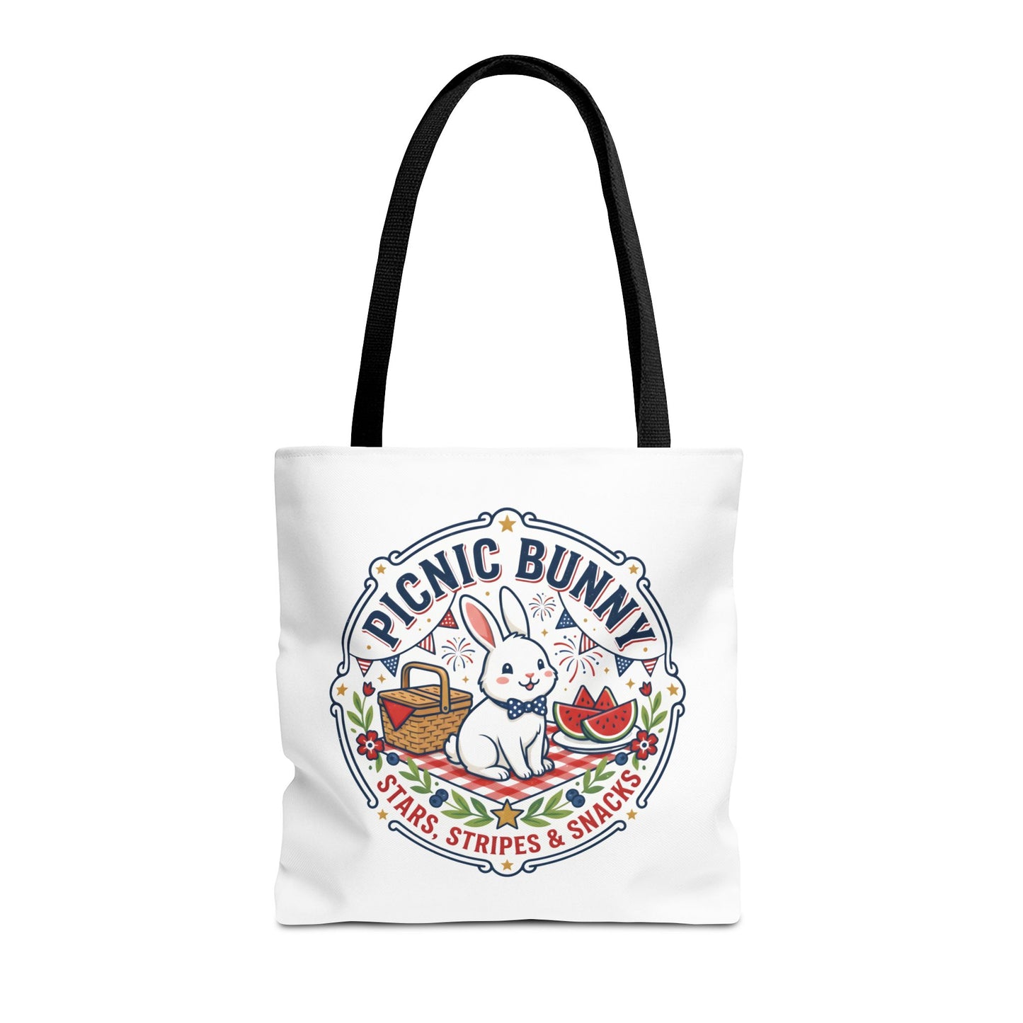 Patriotic Picnic Bunny Tote Bag — ‘Stars, Stripes & Snacks’ Cute Rabbit Picnic Tote, 4th of July Tote