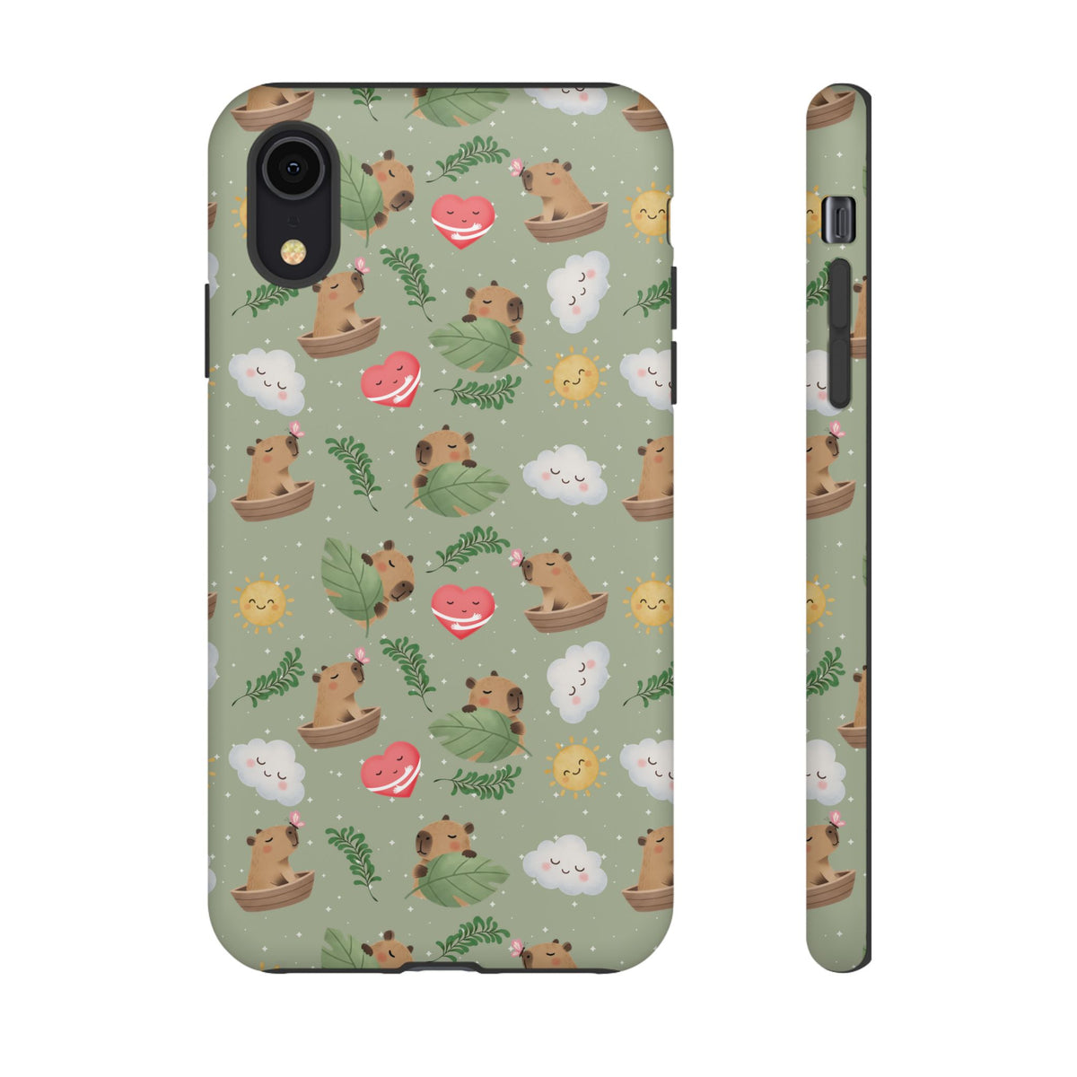 Cute Capybara Pattern Phone Case — Green Botanical Tough Case