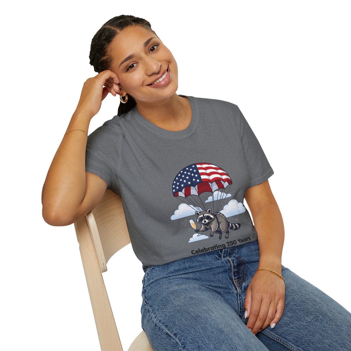 Patriotic Parachuting Raccoon T-Shirt — "Celebrating 250 Years"