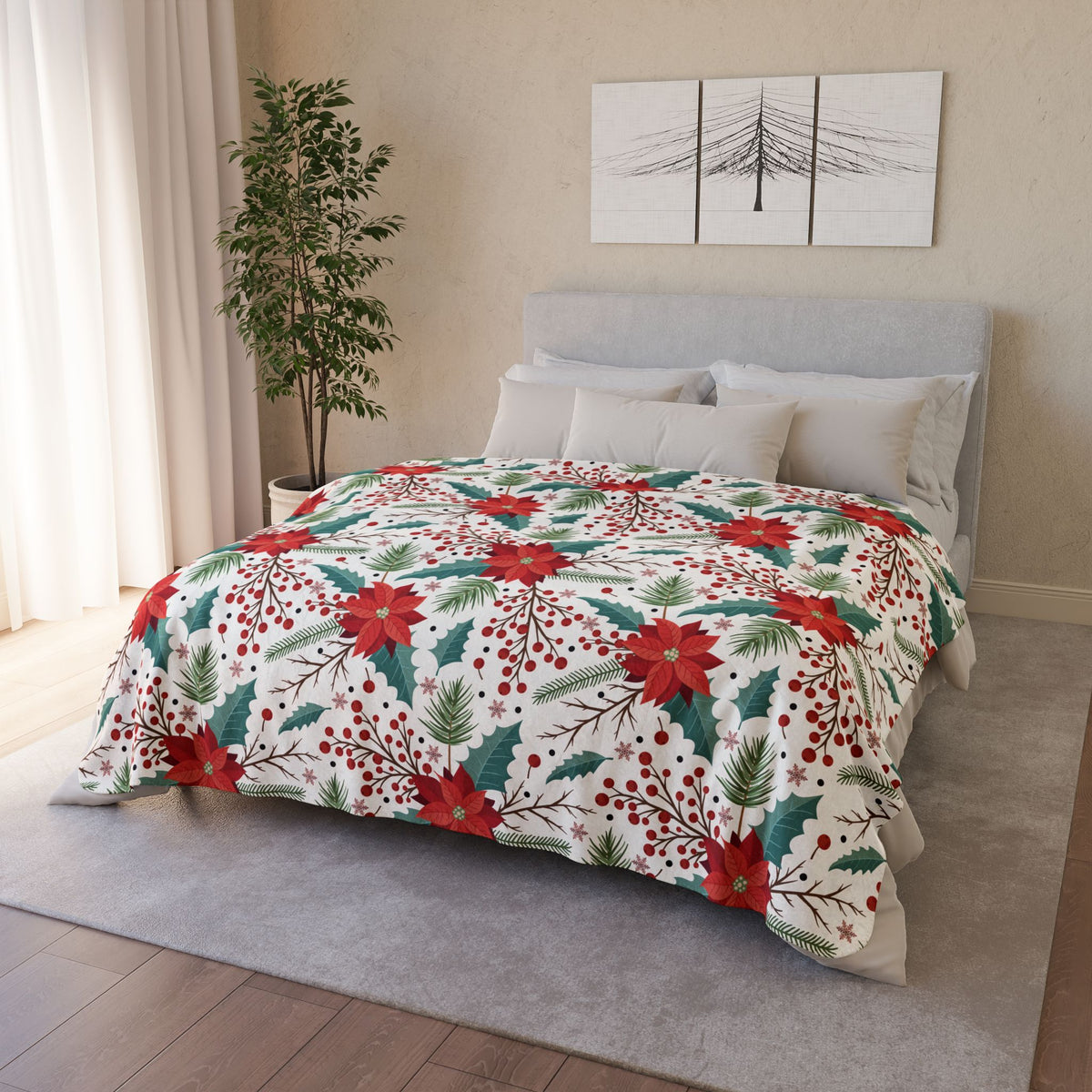 Poinsettia Holiday Fleece Sherpa Blanket - Cozy Christmas Throw with Festive Red & Green Floral Pattern
