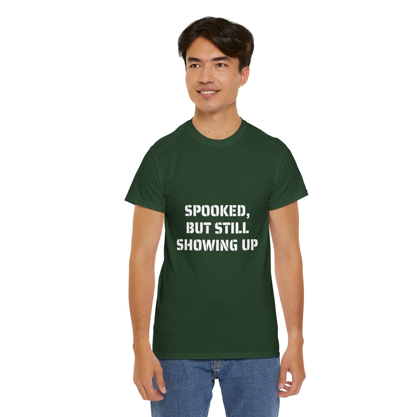 Spooked, But Still Showing Up Unisex Heavy Cotton Tee | Halloween, Funny T-Shirt