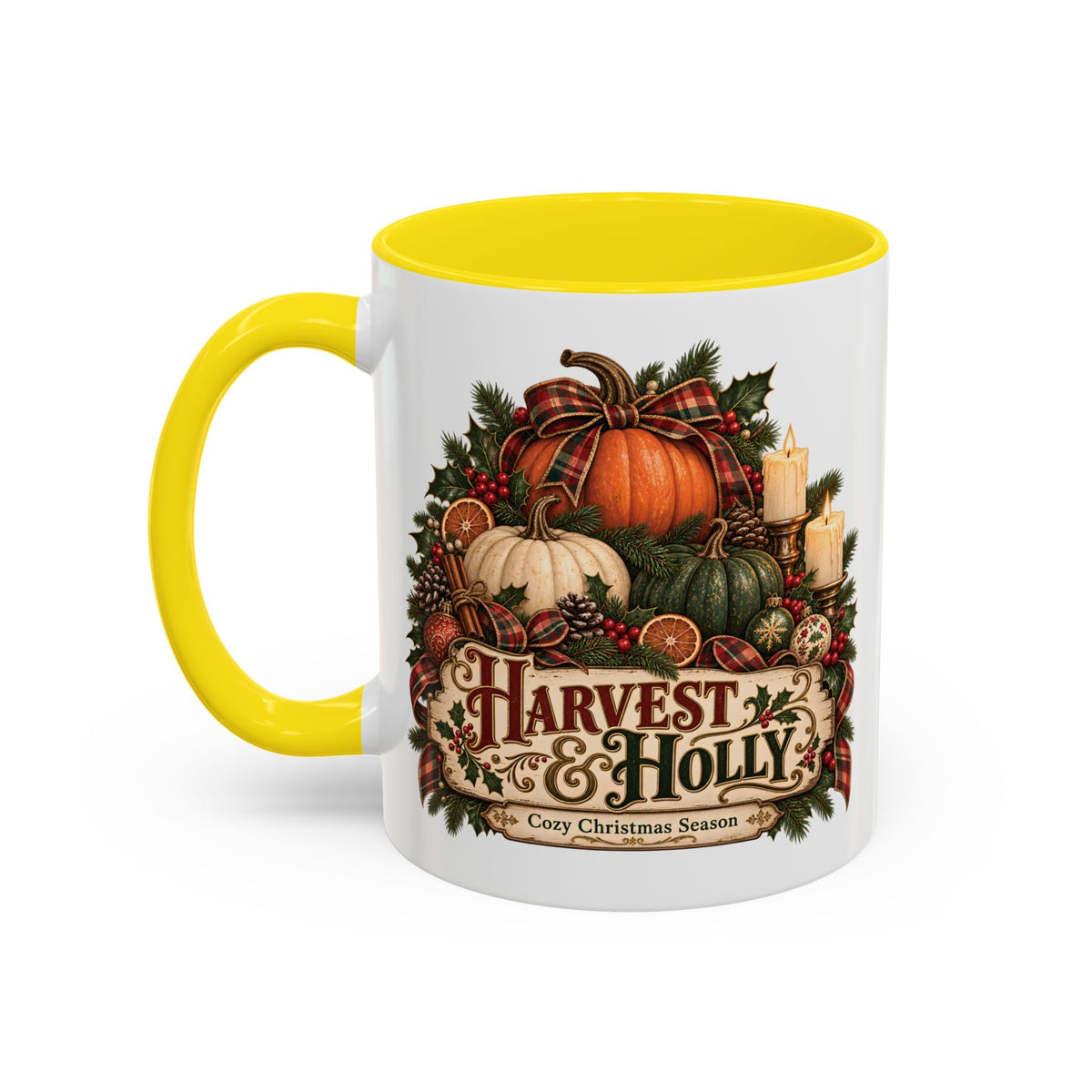 Harvest & Holly Accent Coffee Mug - Vintage Christmas Holiday Mug (11 oz)