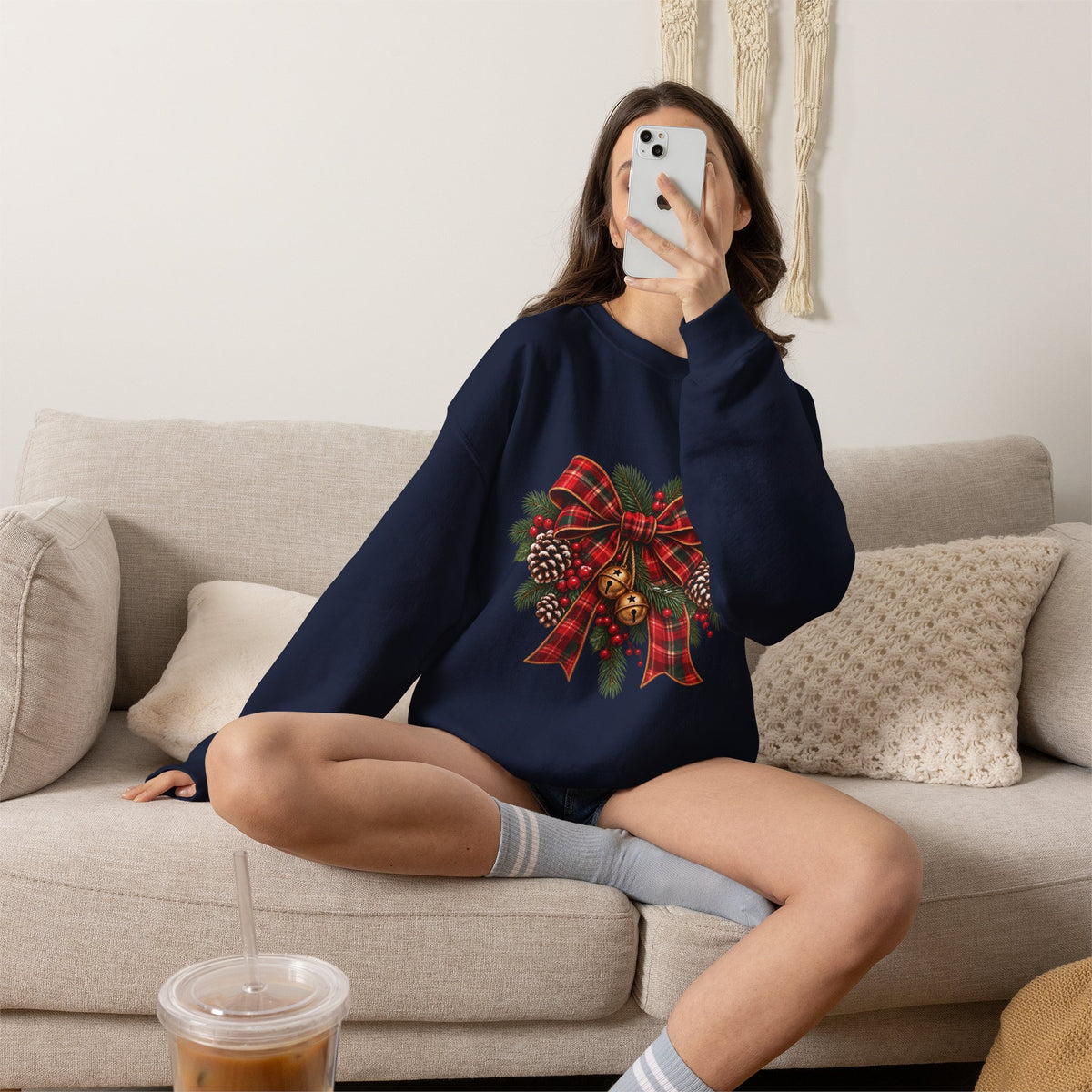Christmas Plaid Bow Sweatshirt - Holiday Pinecone & Jingle Bells Crewneck
