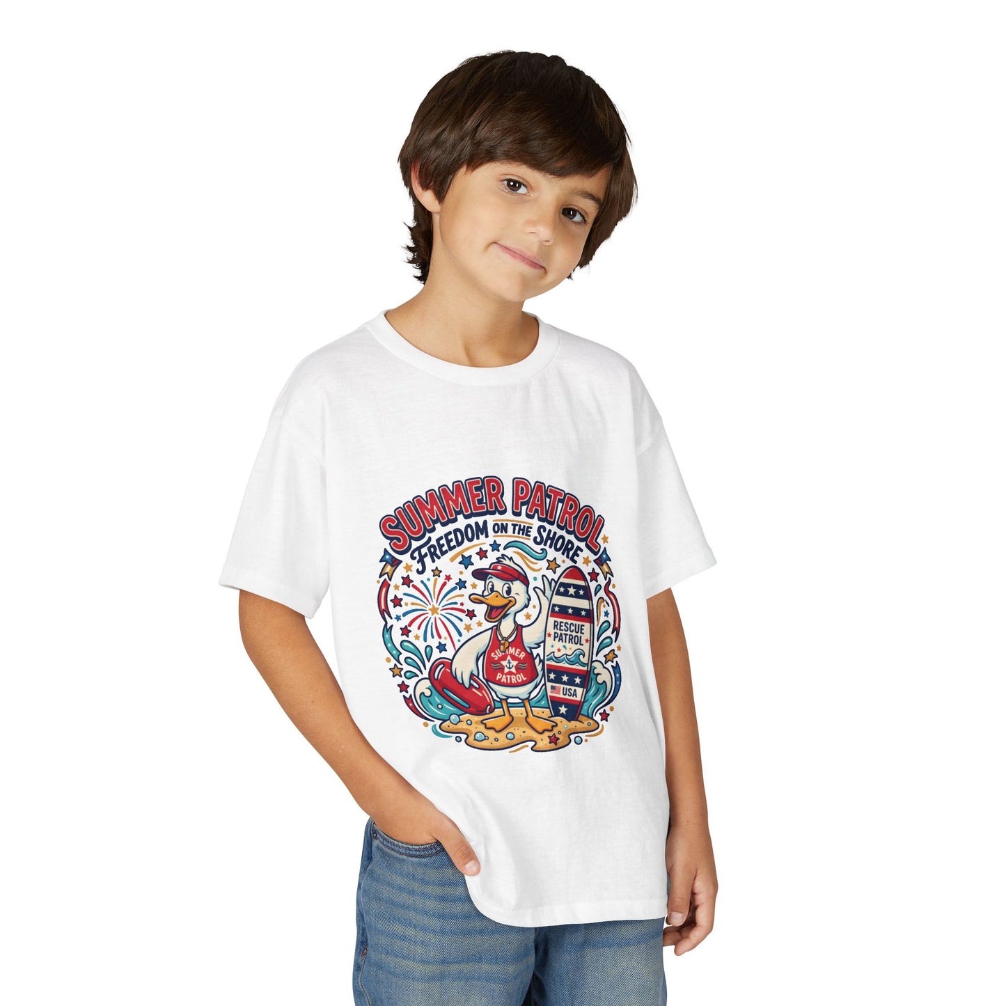 Summer Patrol Kids T‑Shirt — Lifeguard Duck Beach Graphic, 4th of July Tee