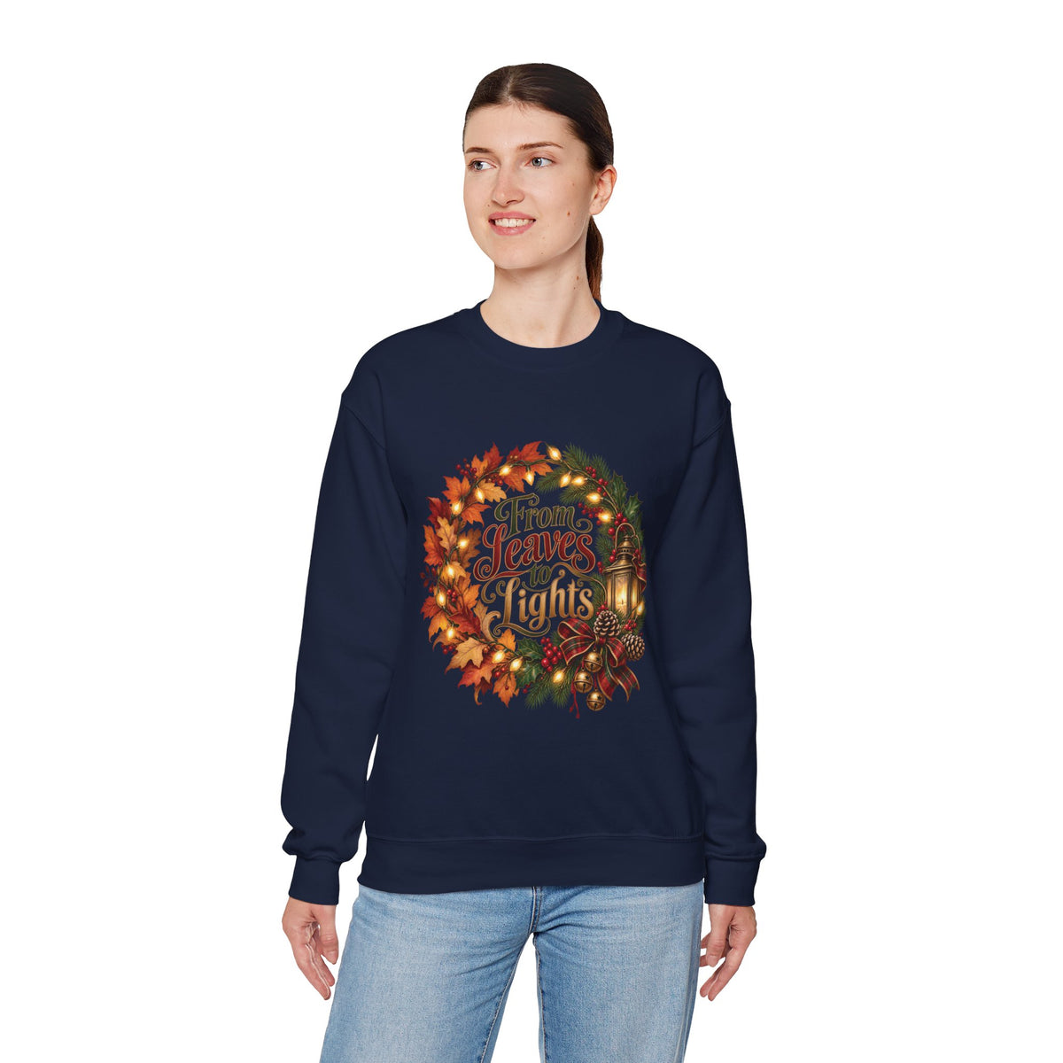 Christmas Crewneck Sweatshirt — "From Leaves to Lights" Autumn to Holiday Wreath Design