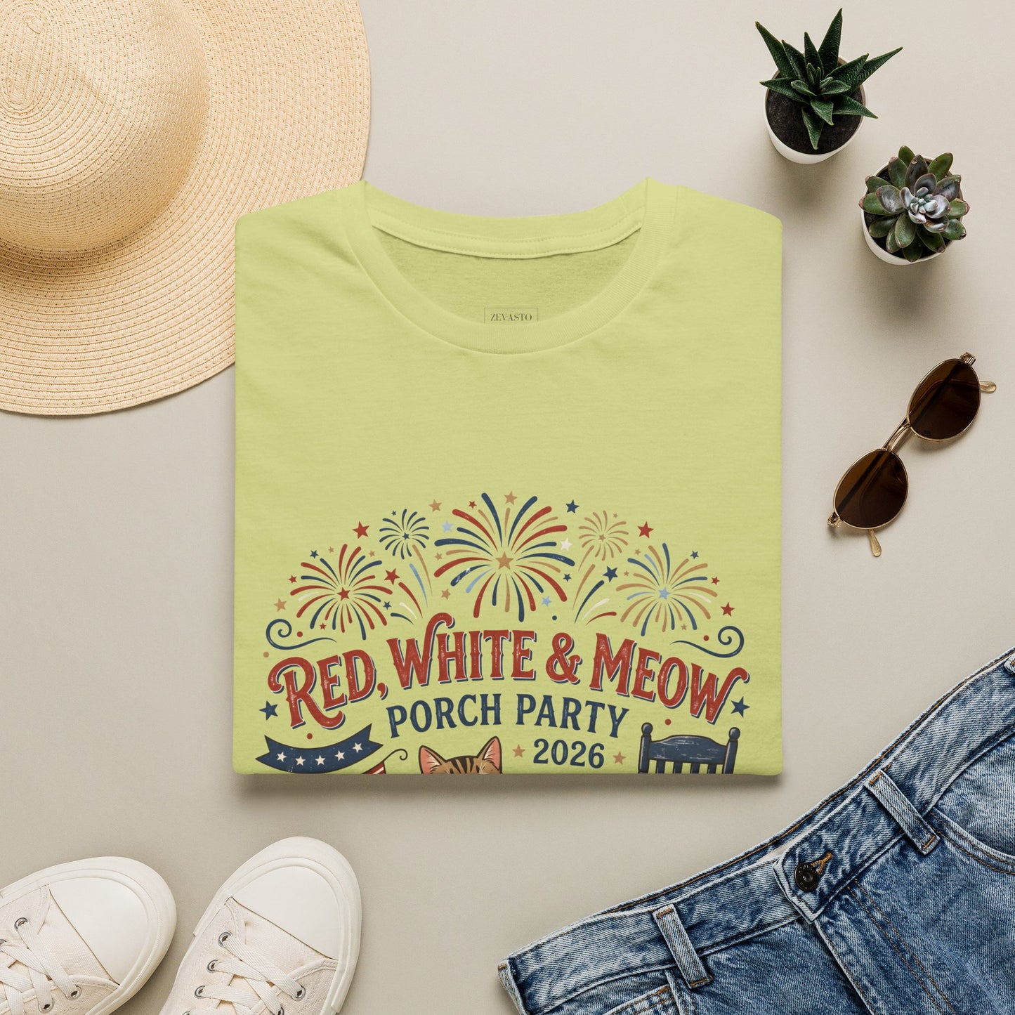 Red, White & Meow Porch Party T-Shirt — 2026 Patriotic Cat Tee, 4th of July Shirt, Independence Day Gift