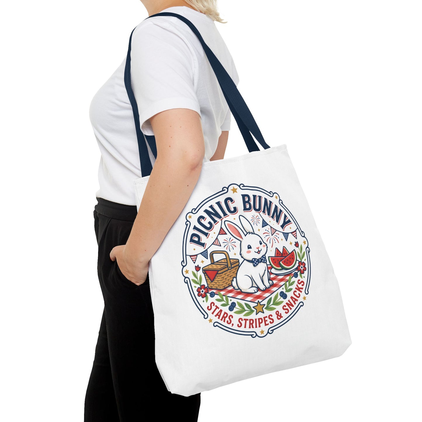 Patriotic Picnic Bunny Tote Bag — ‘Stars, Stripes & Snacks’ Cute Rabbit Picnic Tote, 4th of July Tote