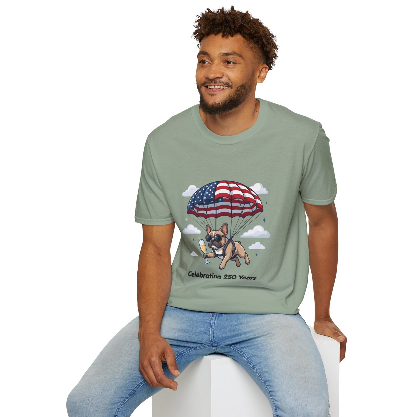 Patriotic French Bulldog T-Shirt — "Celebrating 250 Years" Parachute Design