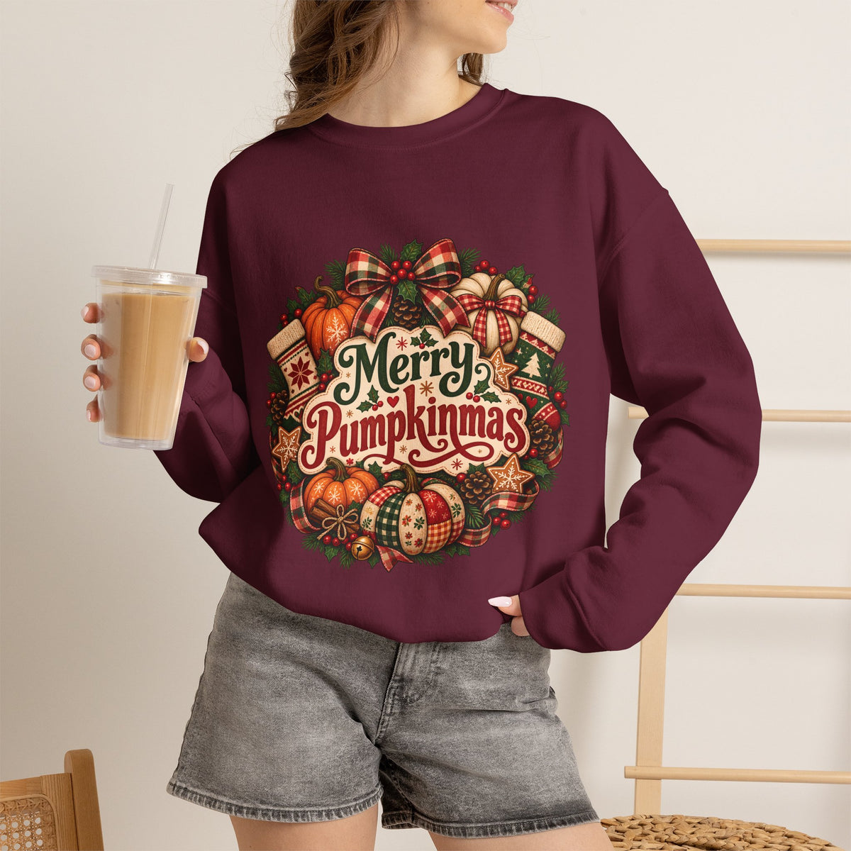 Merry Pumpkinmas Sweatshirt — Holiday Pumpkin Wreath Crewneck