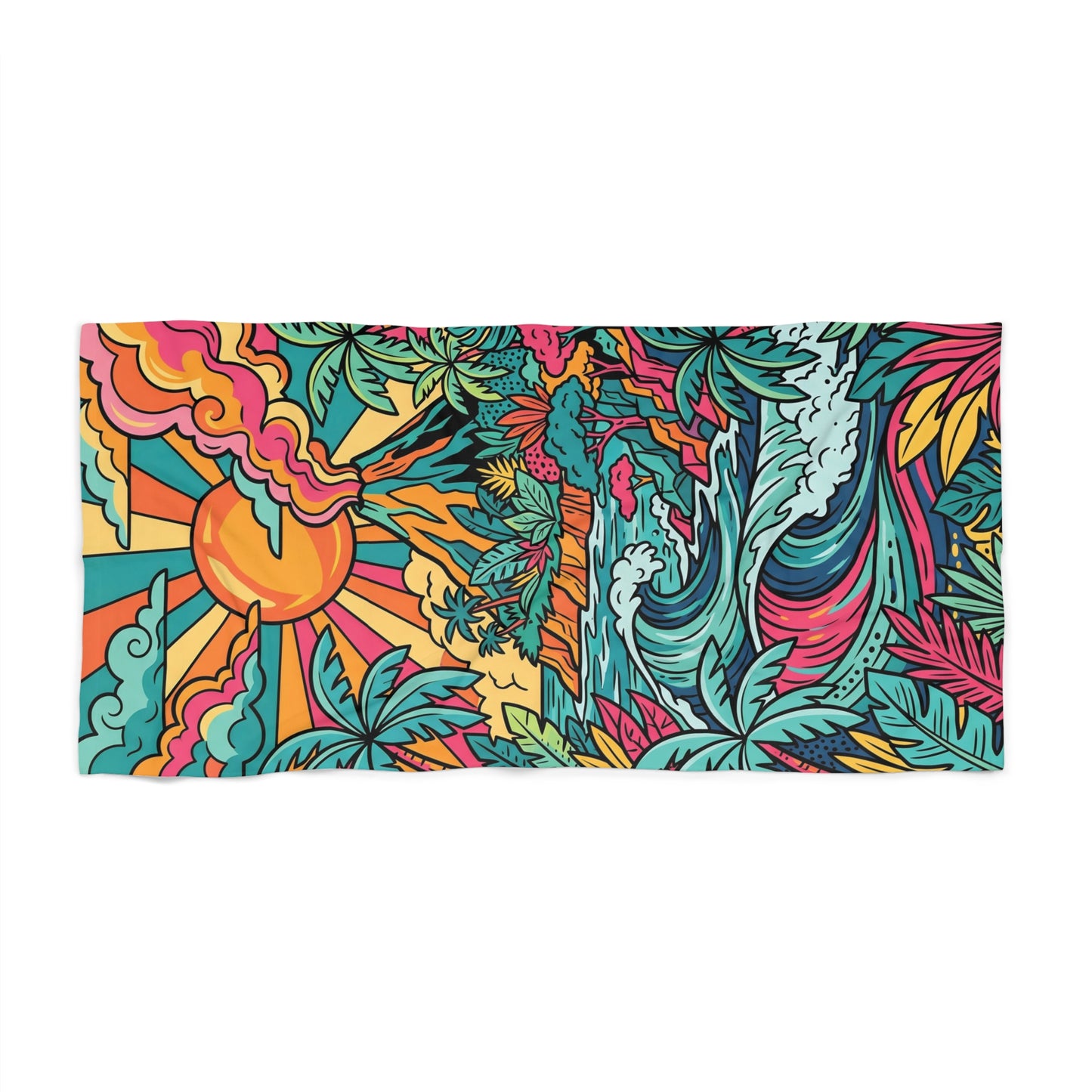 Tropical Surf & Sun Beach Towel – Vibrant Retro Sunset Waves Design