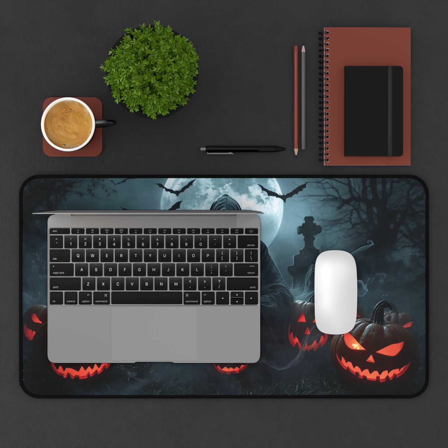Spooky Halloween Desk Mat - Creepy Skull and Pumpkin Design, Office Decor, Gaming Mat, Halloween Gift, Ghostly Atmosphere