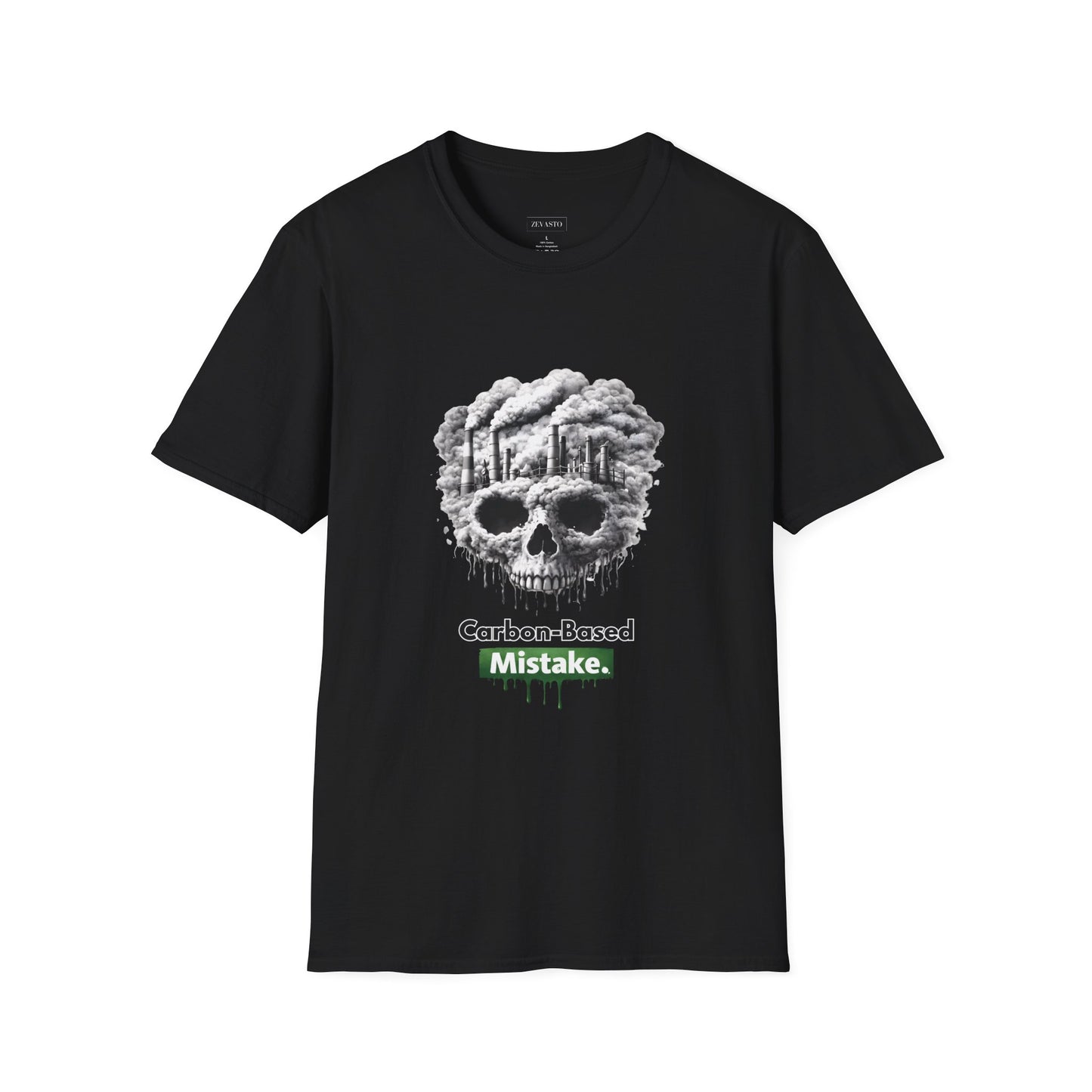 Carbon-Based Mistake Skull T-Shirt — Dark Humor Graphic Tee for Earth Day