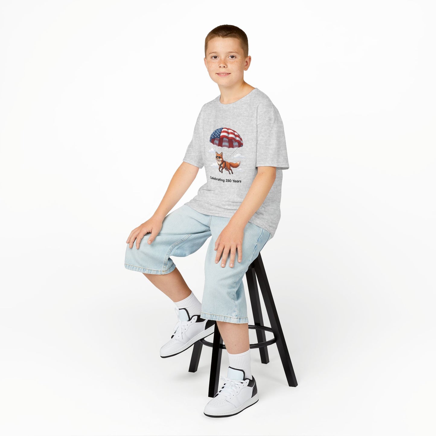 Kids Tee — Patriotic Fox with Parachute - “Celebrating 250 Years”