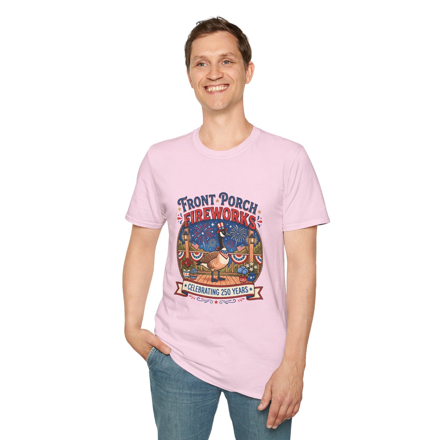 Front Porch Fireworks, Goose T-Shirt — Patriotic 4th of July Celebration Tee