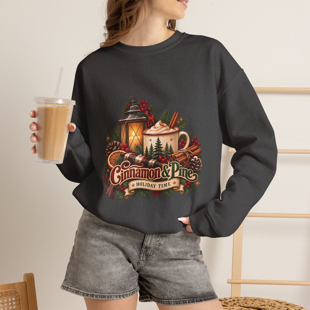 Cinnamon & Pine Crewneck Sweatshirt — Cozy Holiday Lantern Design Sweatshirt