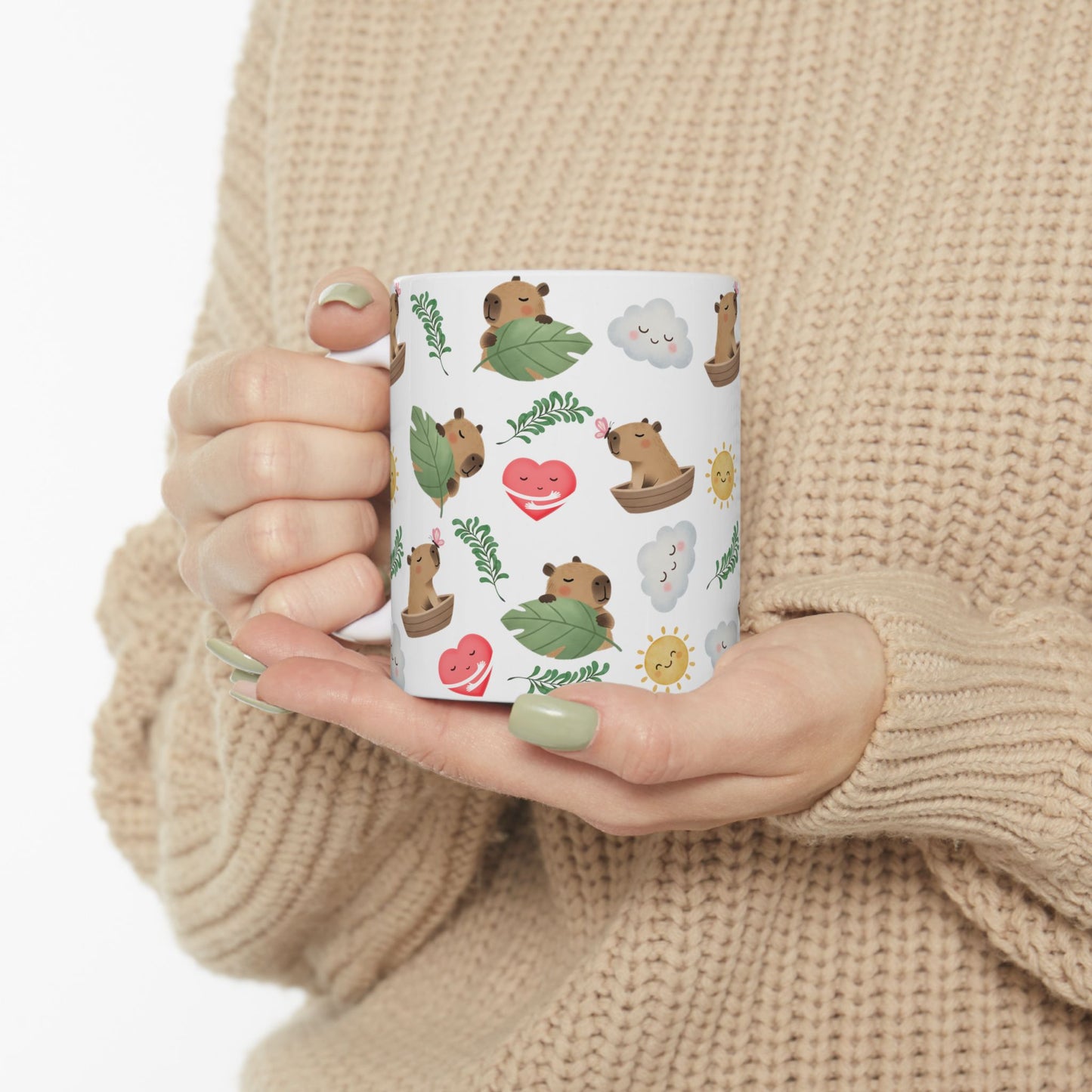 Cute Capybara Pattern Ceramic Mug — Whimsical Sun, Clouds & Leaf Design (11oz)