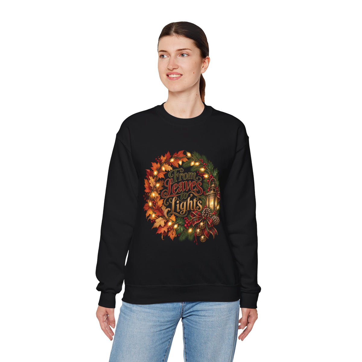 Christmas Crewneck Sweatshirt — "From Leaves to Lights" Autumn to Holiday Wreath Design