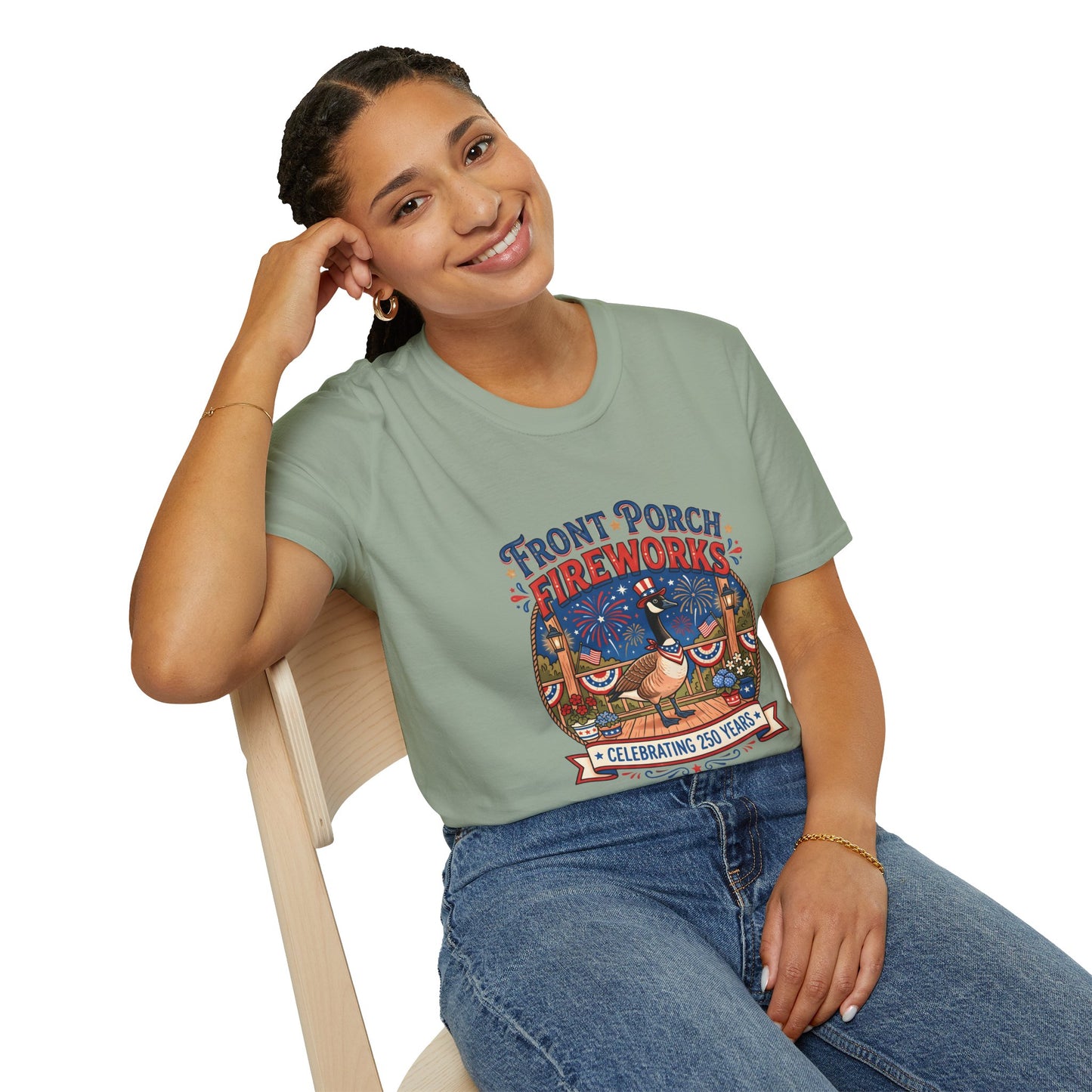 Front Porch Fireworks, Goose T-Shirt — Patriotic 4th of July Celebration Tee