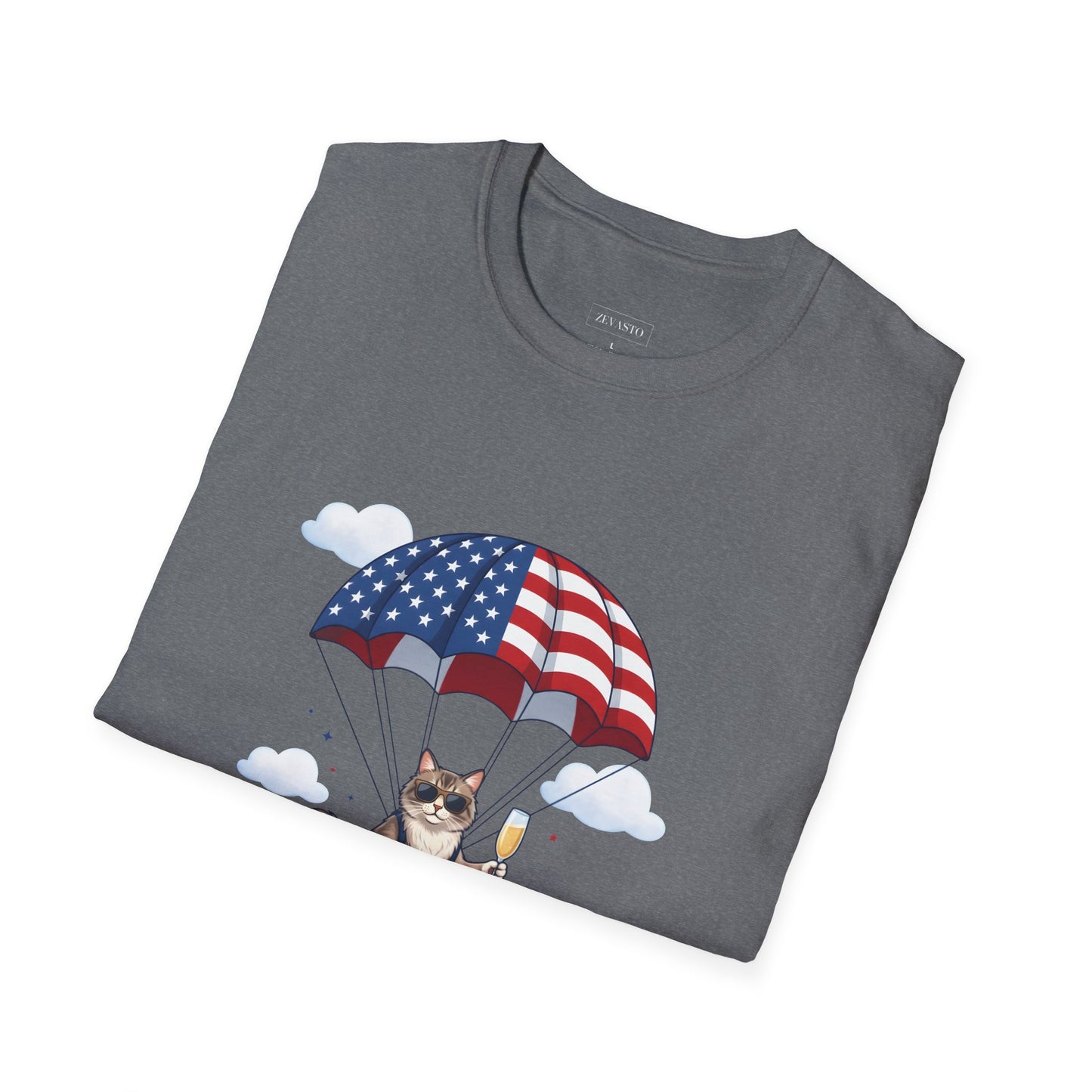 Patriotic Cat Parachute T-Shirt — "Celebrating 250 Years" 4th of July Tee