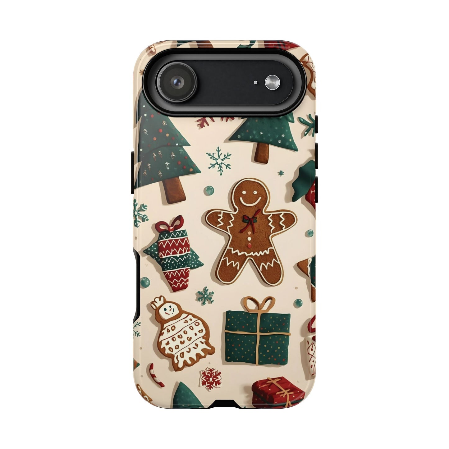 Christmas Phone Case with Gingerbread and Christmas Tree Design, Dual Layer Case for Iphone 17, 16, 15, 14, 13, 12, 11 & Samsung