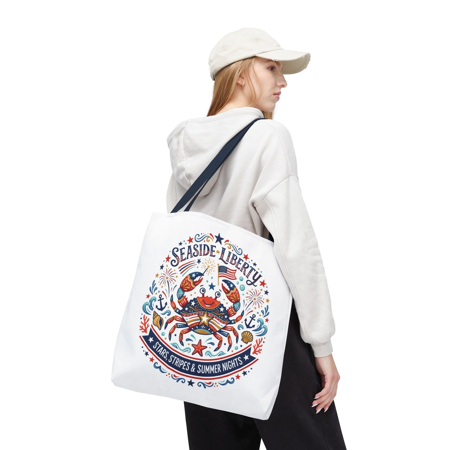 Seaside Liberty Tote Bag — 4th of July, Patriotic Bag "Stars, Stripes & Summer Nights"