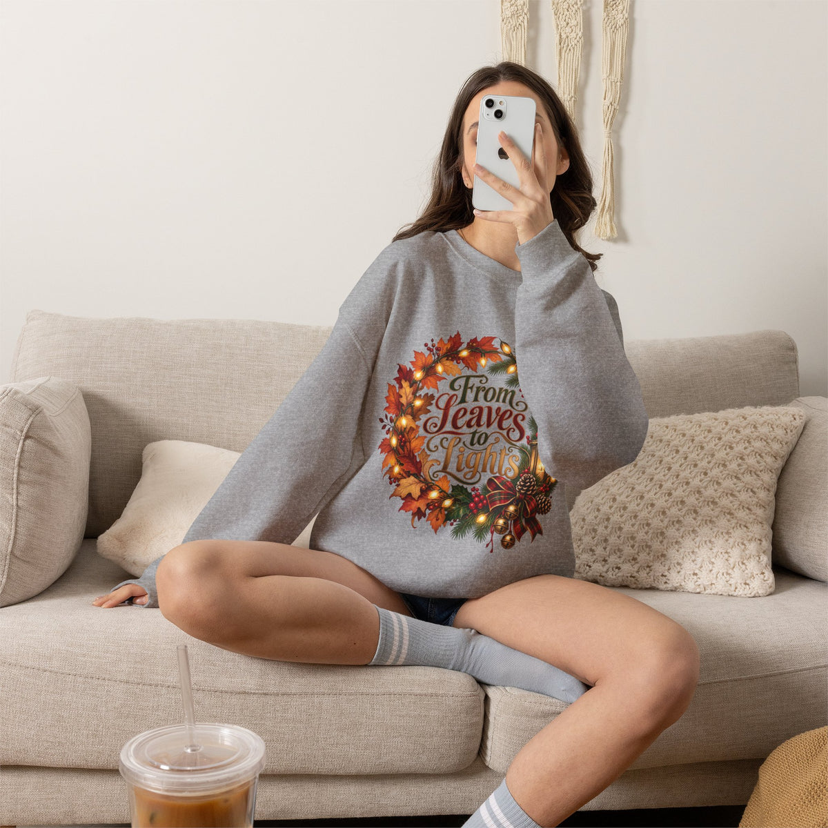 Christmas Crewneck Sweatshirt — "From Leaves to Lights" Autumn to Holiday Wreath Design