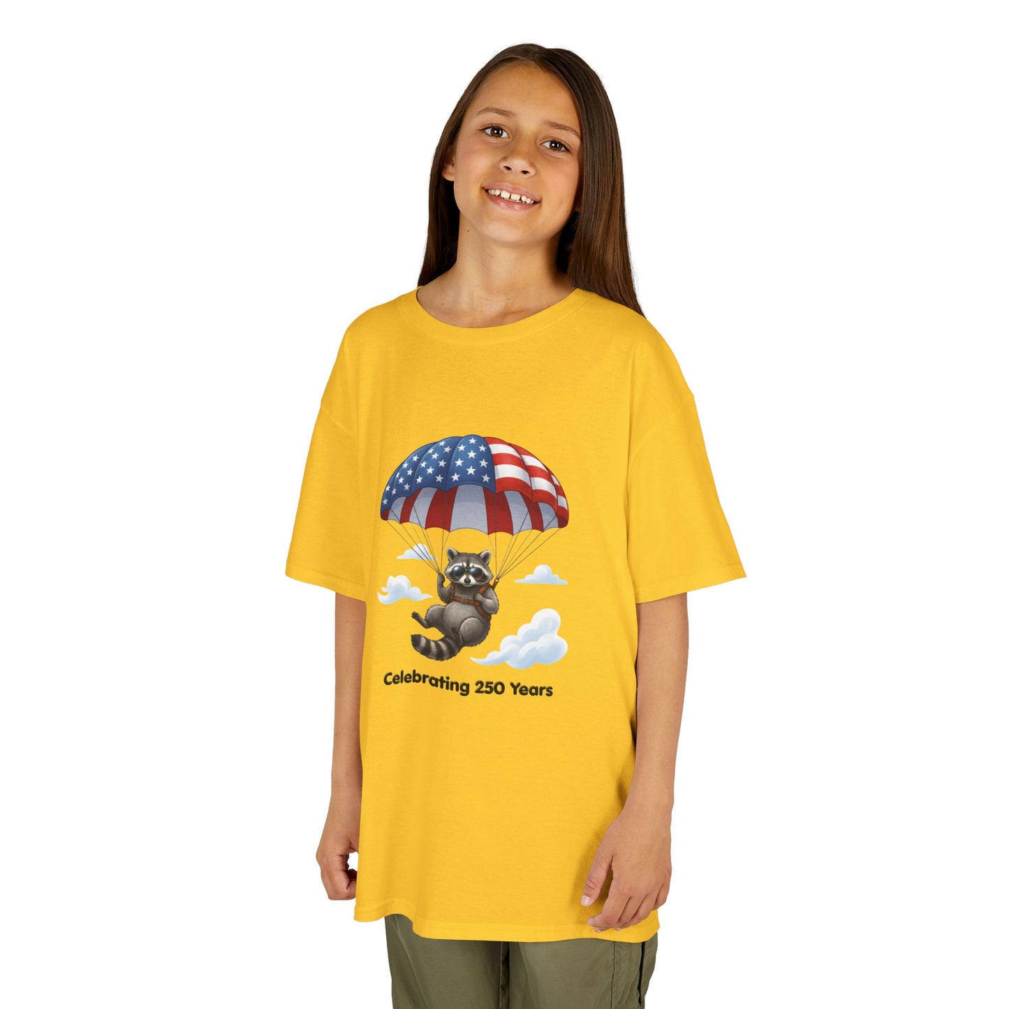 Kids T-Shirt — Patriotic Raccoon Parachute “Celebrating 250 Years”