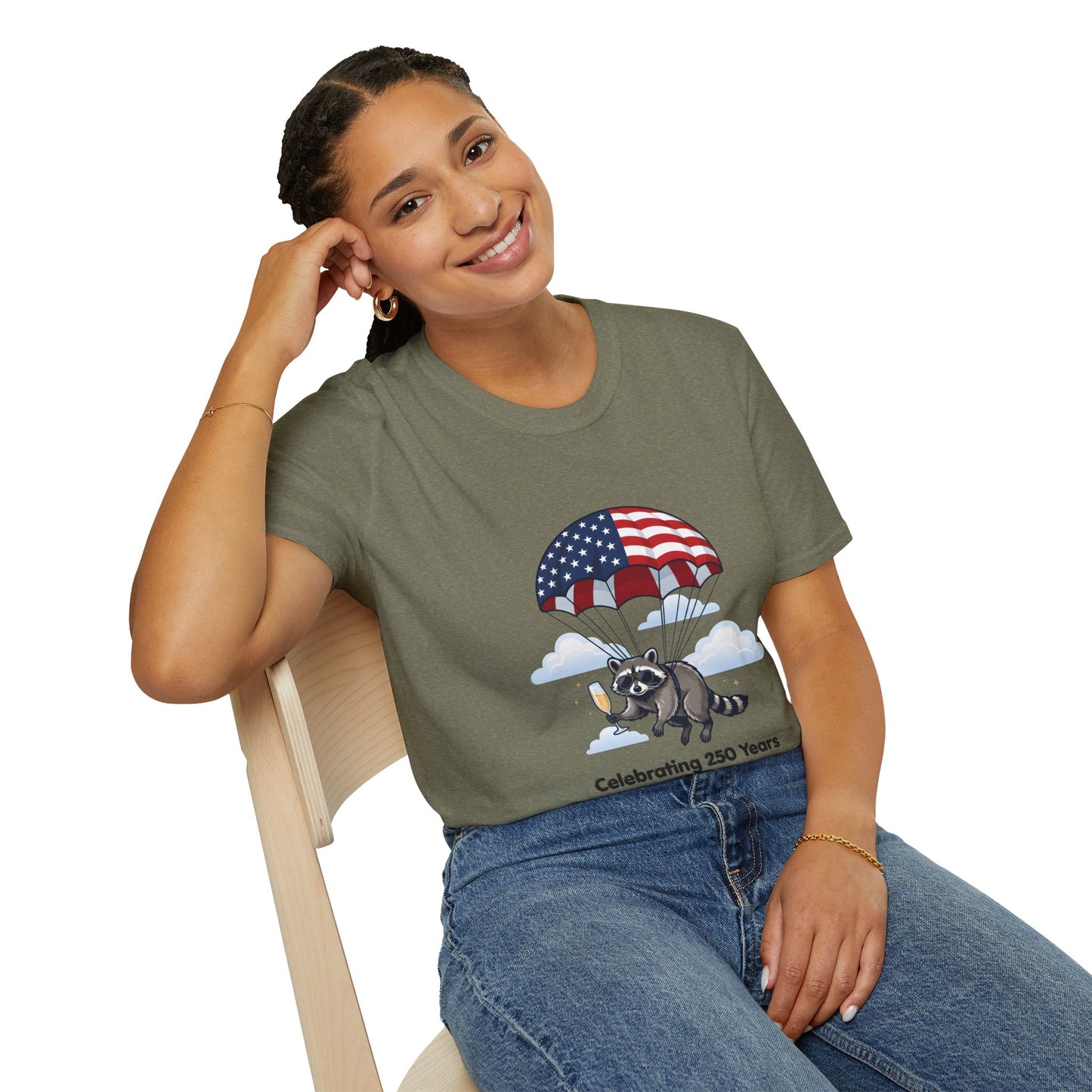 Patriotic Parachuting Raccoon T-Shirt — "Celebrating 250 Years"