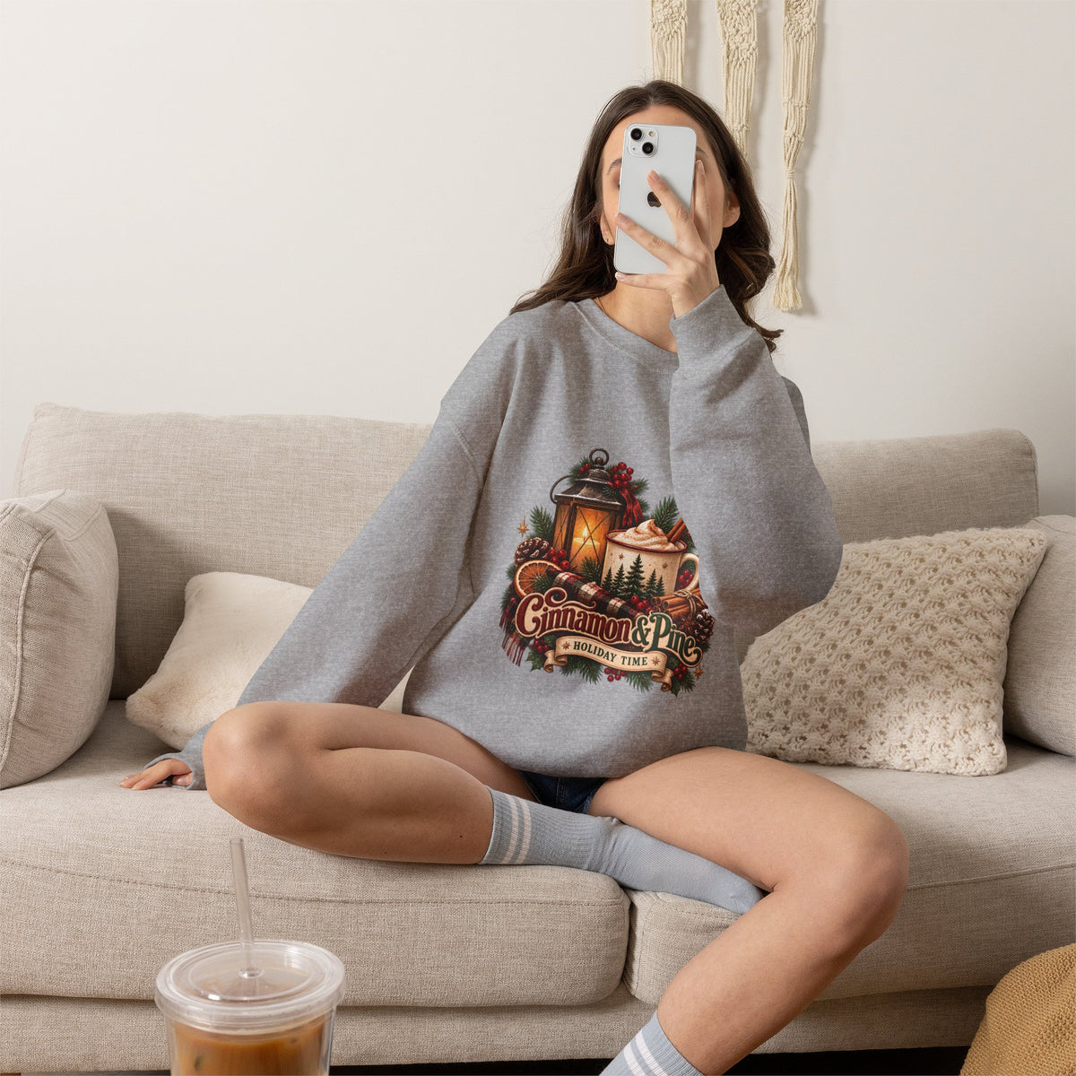 Cinnamon & Pine Crewneck Sweatshirt — Cozy Holiday Lantern Design Sweatshirt