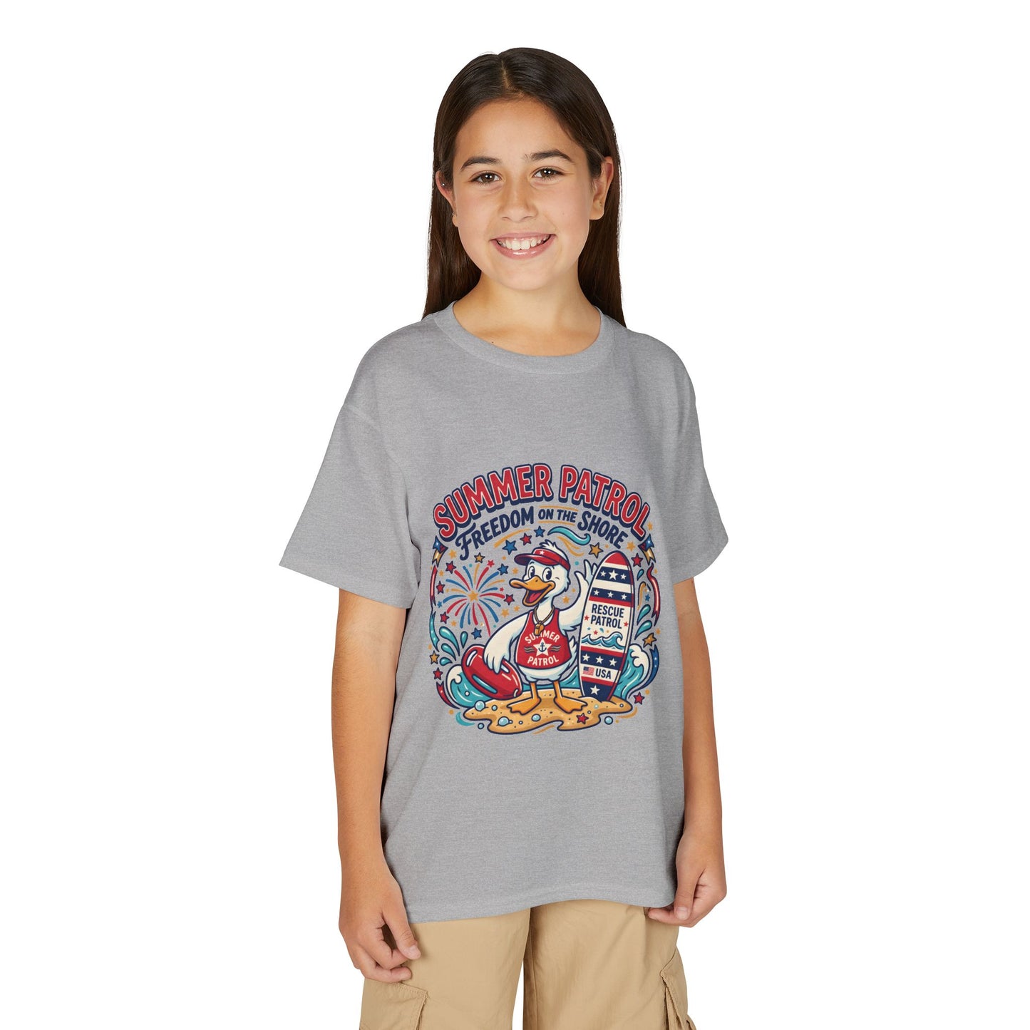 Summer Patrol Kids T‑Shirt — Lifeguard Duck Beach Graphic, 4th of July Tee