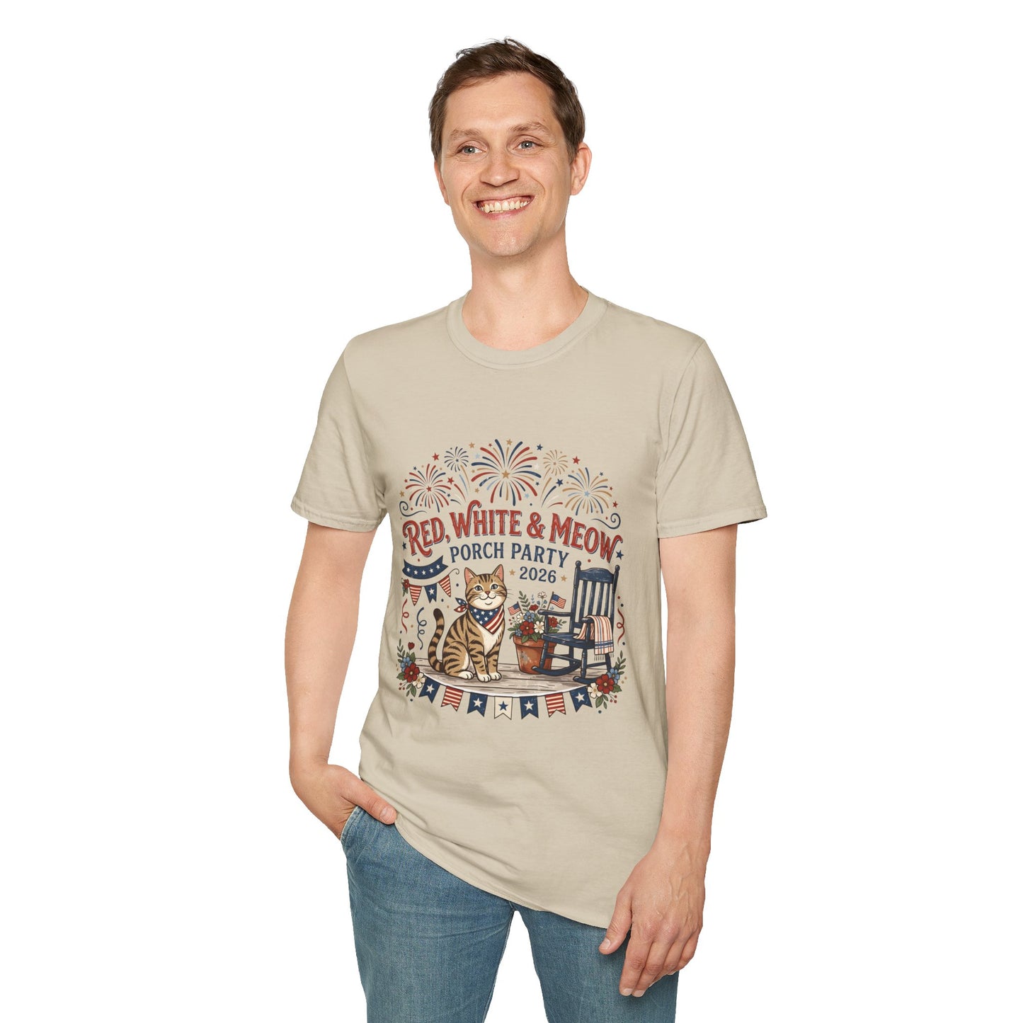 Red, White & Meow Porch Party T-Shirt — 2026 Patriotic Cat Tee, 4th of July Shirt, Independence Day Gift
