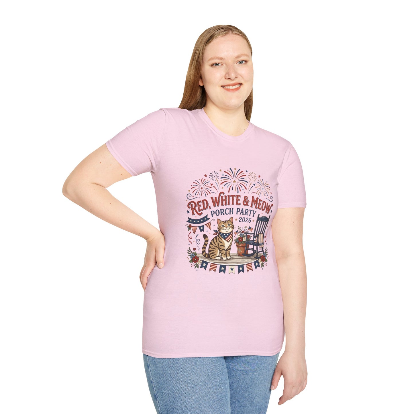 Red, White & Meow Porch Party T-Shirt — 2026 Patriotic Cat Tee, 4th of July Shirt, Independence Day Gift