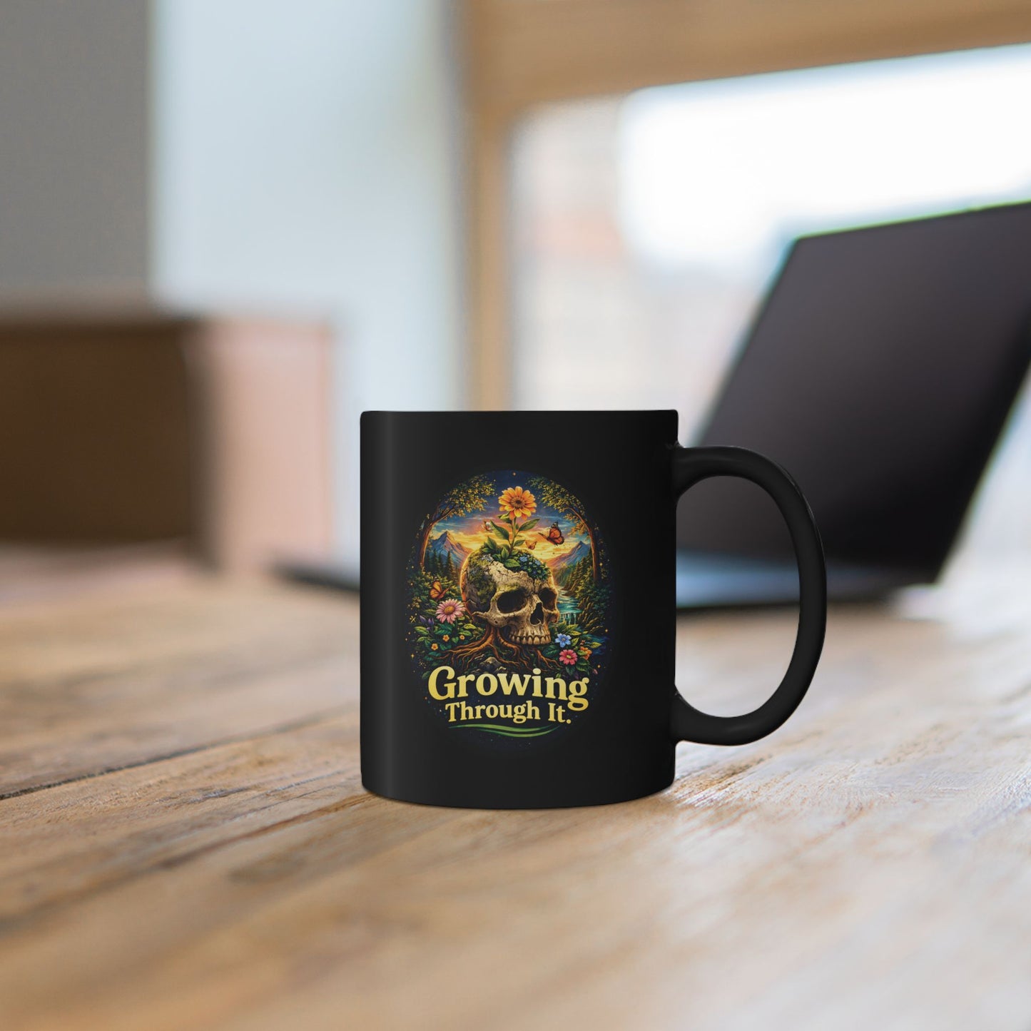 Growing Through It Black Mug – Earth Day Nature Skull Coffee Cup | Mental Growth & Healing Mug | Dark Botanical Aesthetic (11oz)