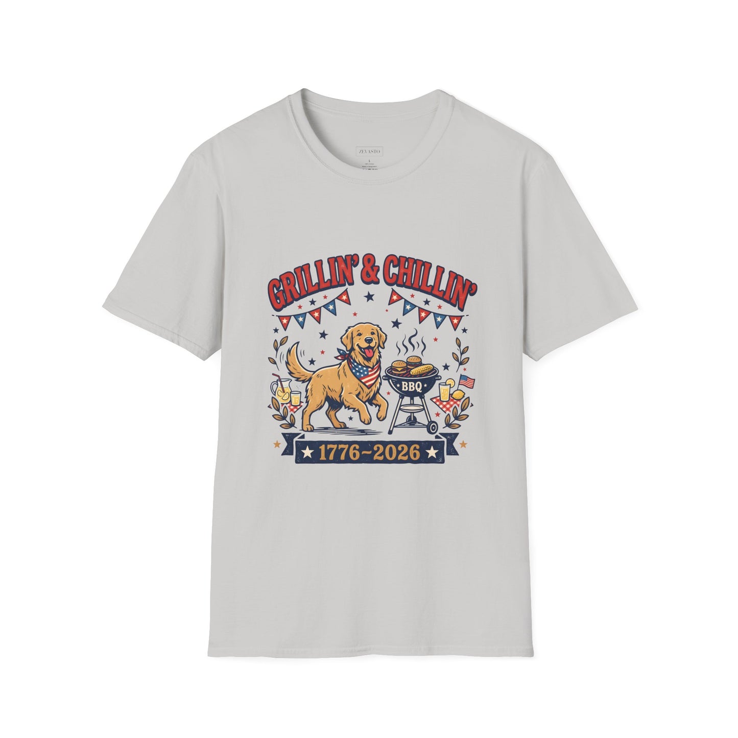 Grillin' & Chillin' BBQ Dog T-Shirt — 1776-2026 Patriotic Summer Tee, 4th of July Shirt, Independence Day Tee
