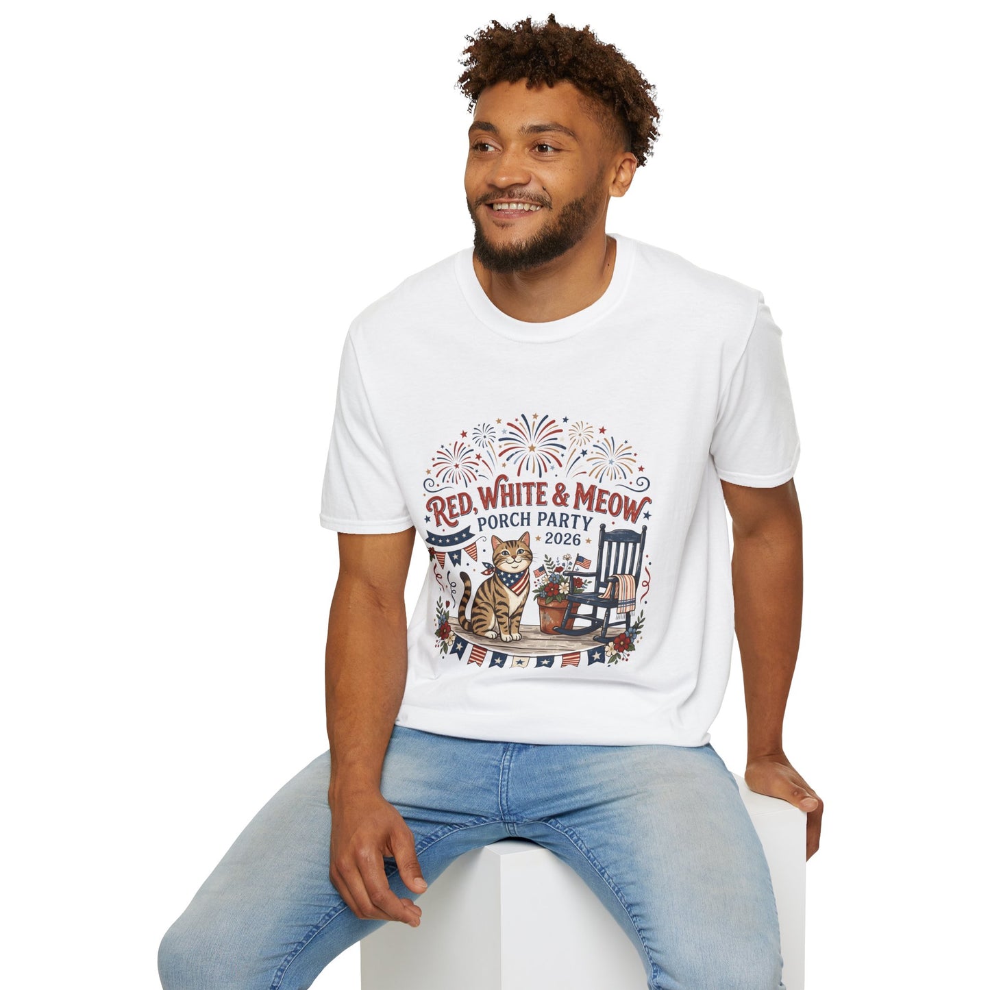 Red, White & Meow Porch Party T-Shirt — 2026 Patriotic Cat Tee, 4th of July Shirt, Independence Day Gift
