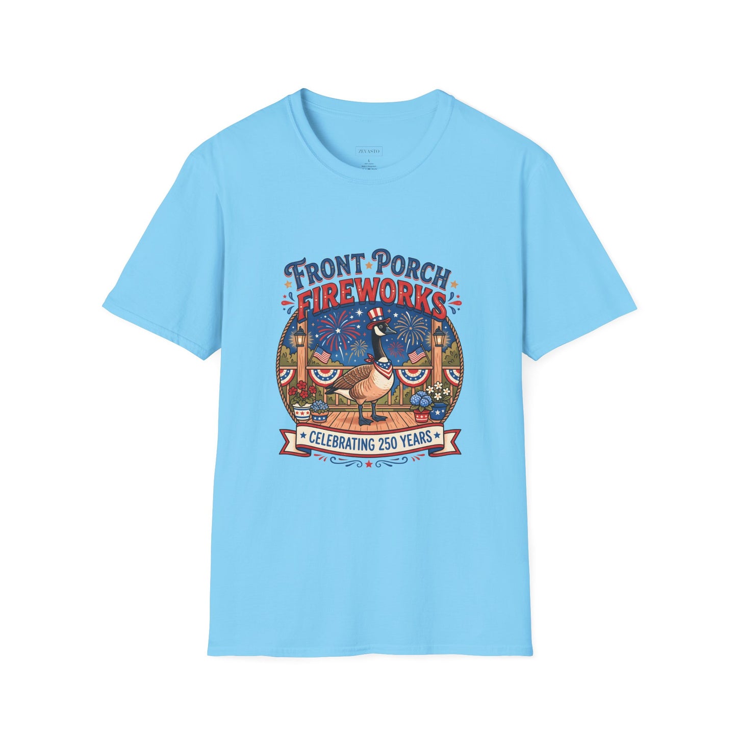 Front Porch Fireworks, Goose T-Shirt — Patriotic 4th of July Celebration Tee