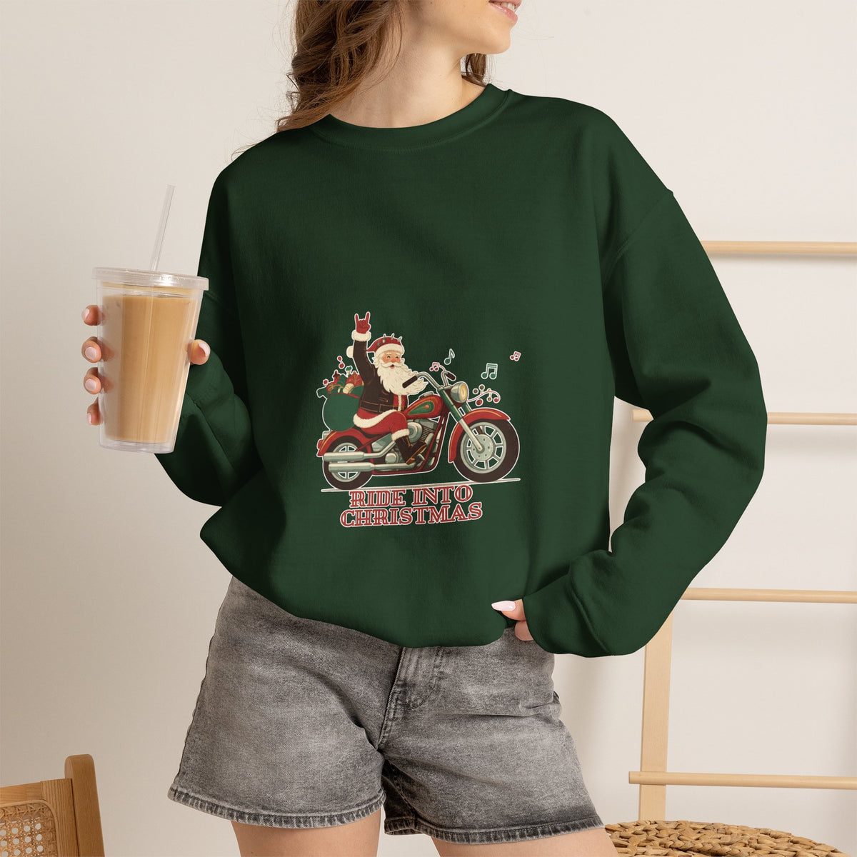 Christmas Motorcycle Sweatshirt - "Ride Into Christmas" Santa Biker Holiday Crewneck