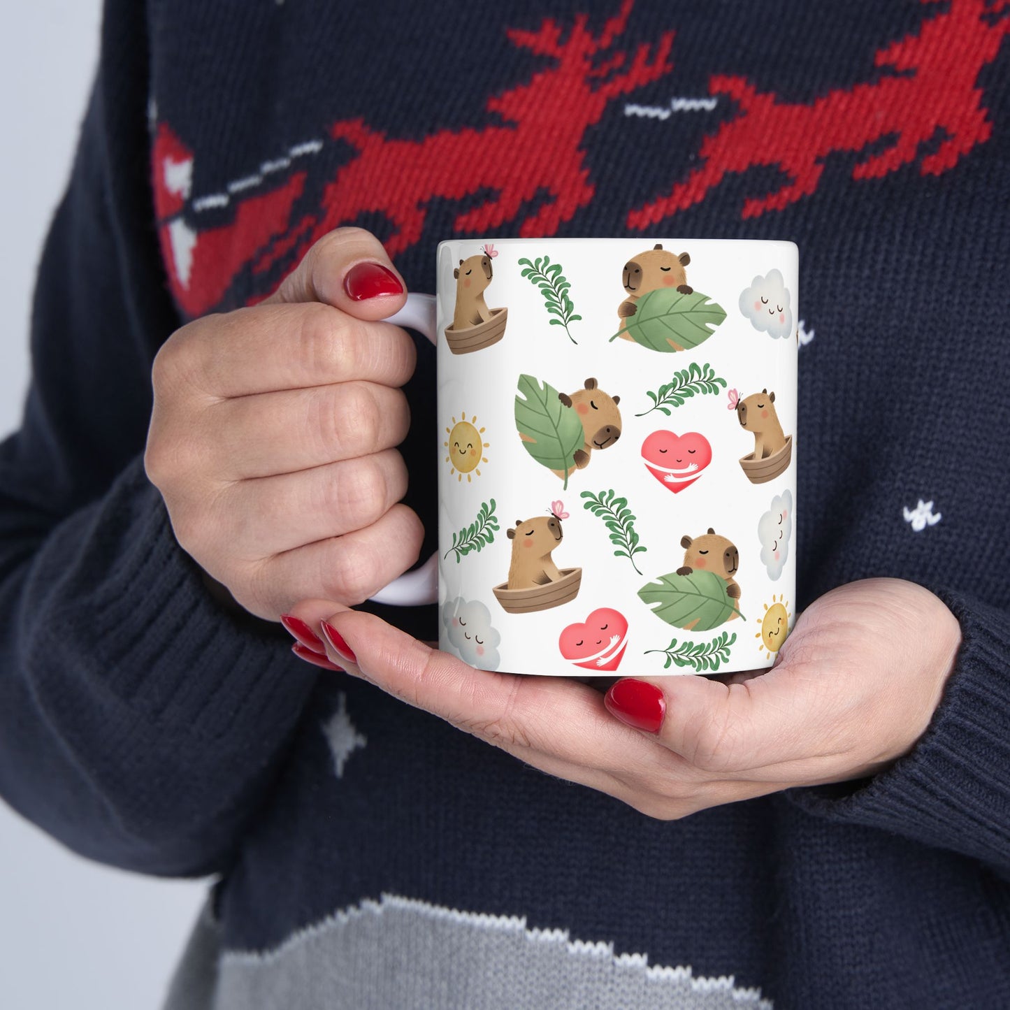 Cute Capybara Pattern Ceramic Mug — Whimsical Sun, Clouds & Leaf Design (11oz)
