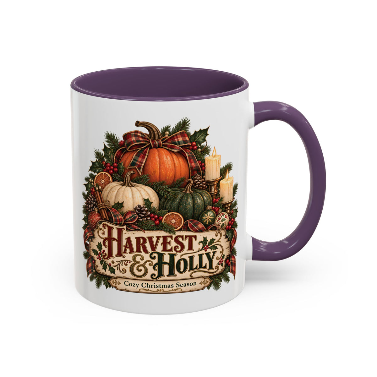 Harvest & Holly Accent Coffee Mug - Vintage Christmas Holiday Mug (11 oz)