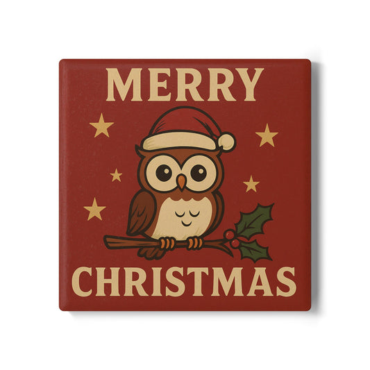 Merry Christmas Owl Ceramic Coaster — Festive Holiday Drink Coaster