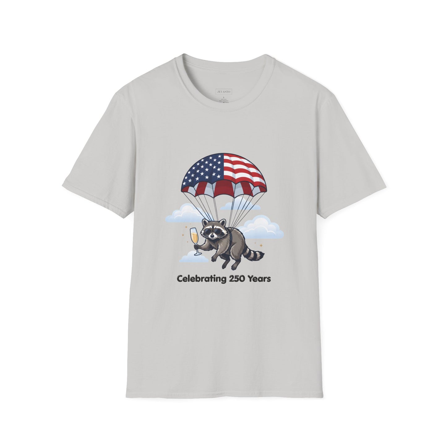Patriotic Parachuting Raccoon T-Shirt — "Celebrating 250 Years"