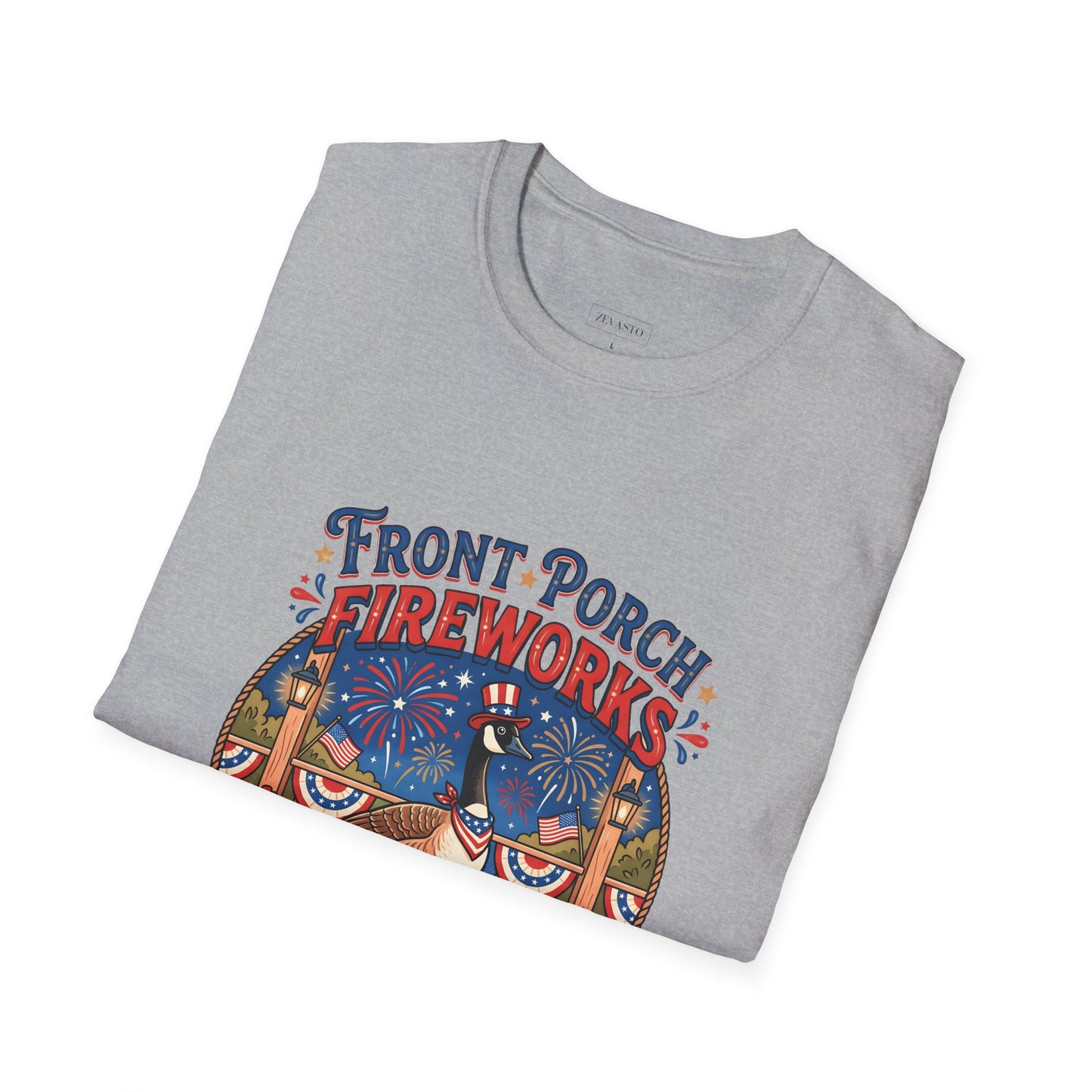 Front Porch Fireworks, Goose T-Shirt — Patriotic 4th of July Celebration Tee