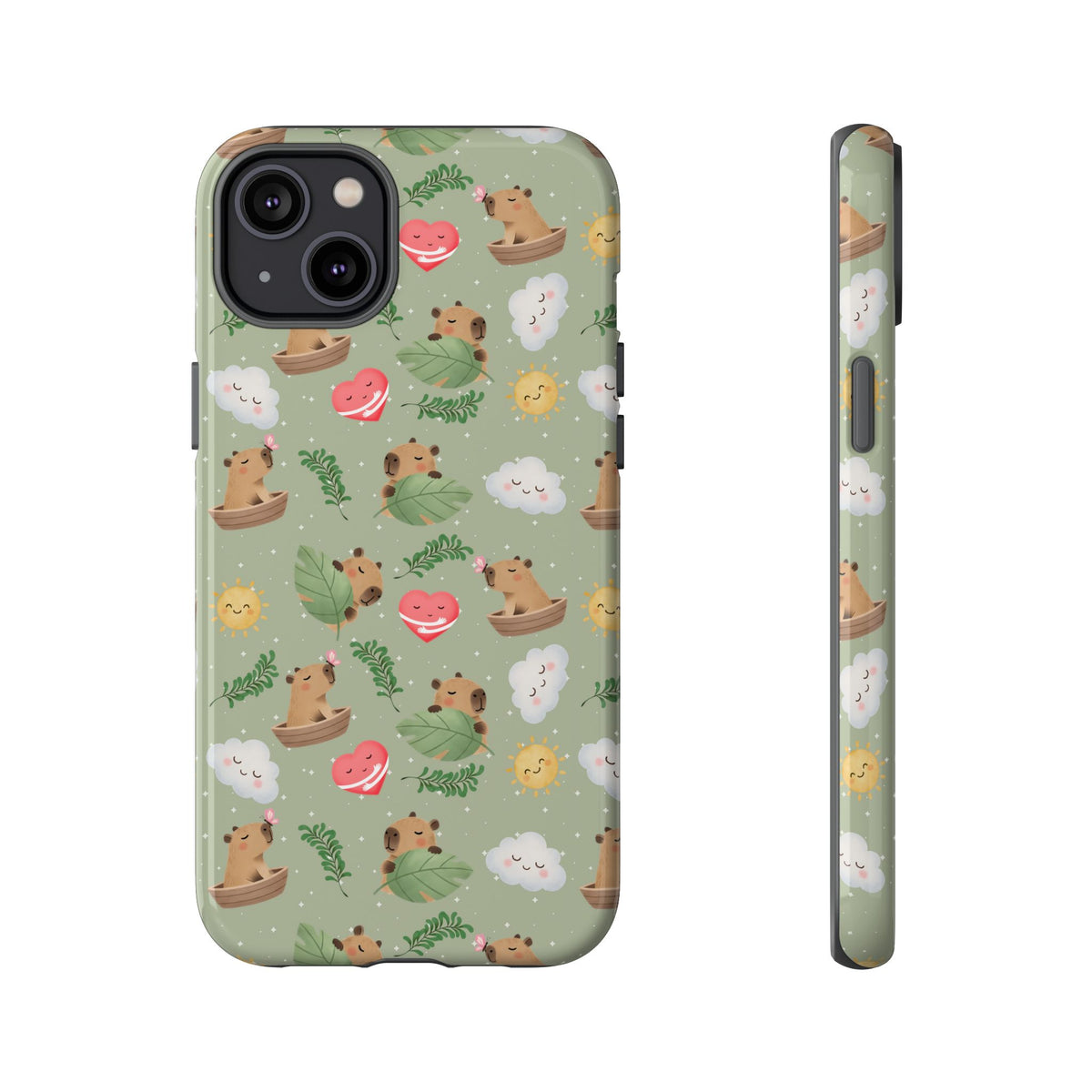 Cute Capybara Pattern Phone Case — Green Botanical Tough Case