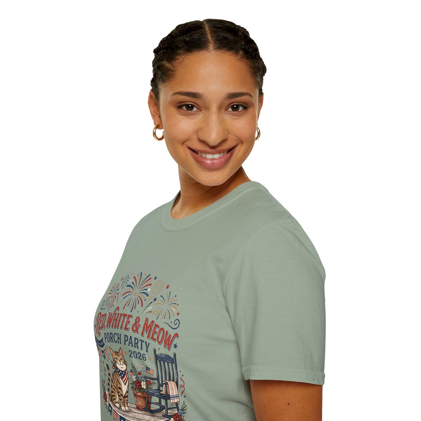 Red, White & Meow Porch Party T-Shirt — 2026 Patriotic Cat Tee, 4th of July Shirt, Independence Day Gift
