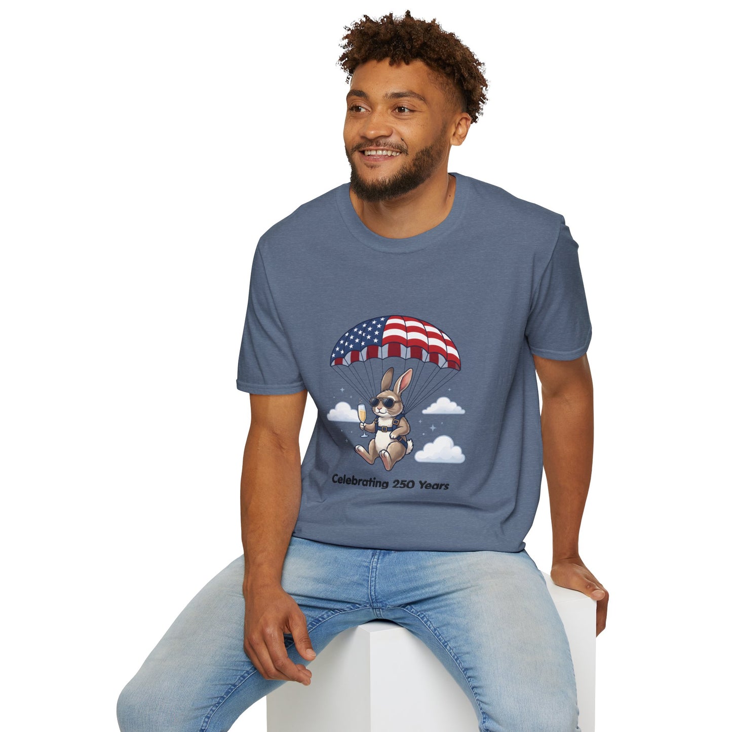 Patriotic Parachuting Bunny T-Shirt — "Celebrating 250 Years"