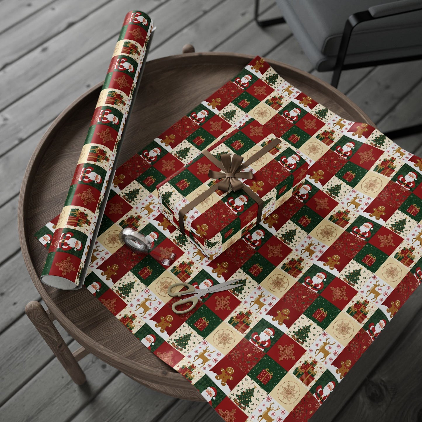 Christmas Patchwork Wrapping Paper Roll — Gingerbread, Trees & Red Green Christmas Pattern